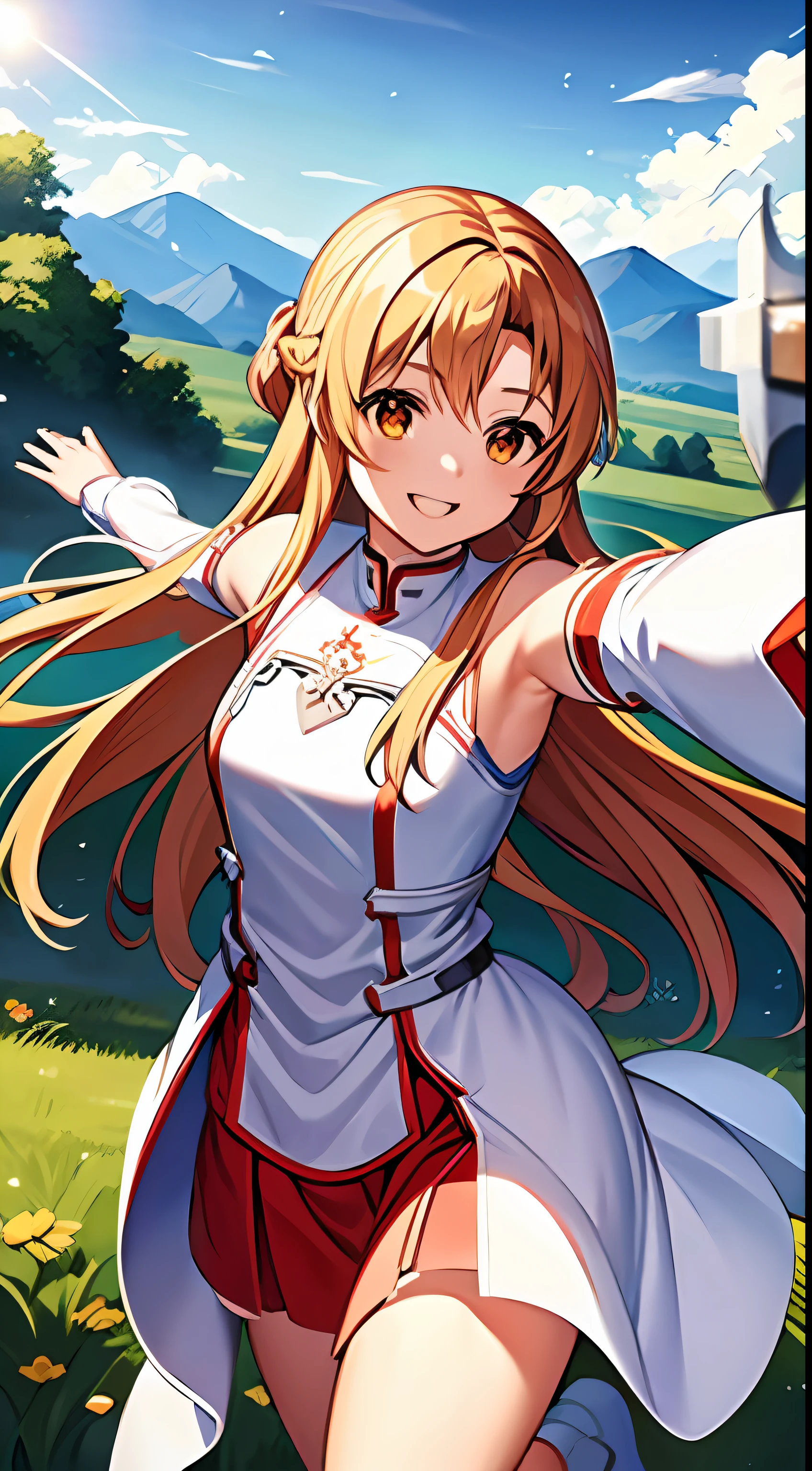 Asuna、The sword、Weapon Bearer、robe blanche、s Armor、floated hair、a red skirt、sword holding、outstretched arm、top-quality,lawn、blue-sky、suns、cowboy  shot、look at viewr、a smile、white clouds、Sunnyday