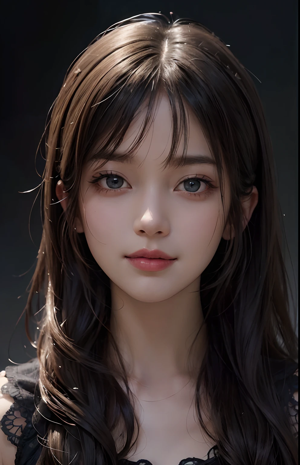 (Ultra Realistic), (Illustration), (Increased Resolution), (8K), (Extremely Detailed), (Best Illustration), (Beautiful and Detailed Eyes), (Best Quality), (Ultra Detailed), (Masterpiece ), ( wallpaper), (detailed face), solo, 1 girl, looking at viewer, fine details, detailed face, in the dark, deep shadows, low key, pureerosfaceace_v1, smiling, long hair, black shawl straight hair , 46 points oblique bangs