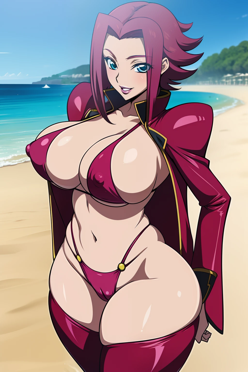Code geass, Kallen kozuki, 1girl, (((bimbo))), puffy lips, painted lips, thick lips, wide hips, thick thighs, big breast, huge ass, revealing cleavage, erotic, Smile face, bubble butt, camel toe, hanging breasts, huge breasts, small bikini, nipples, on the Beach, swimming, see through bikini,