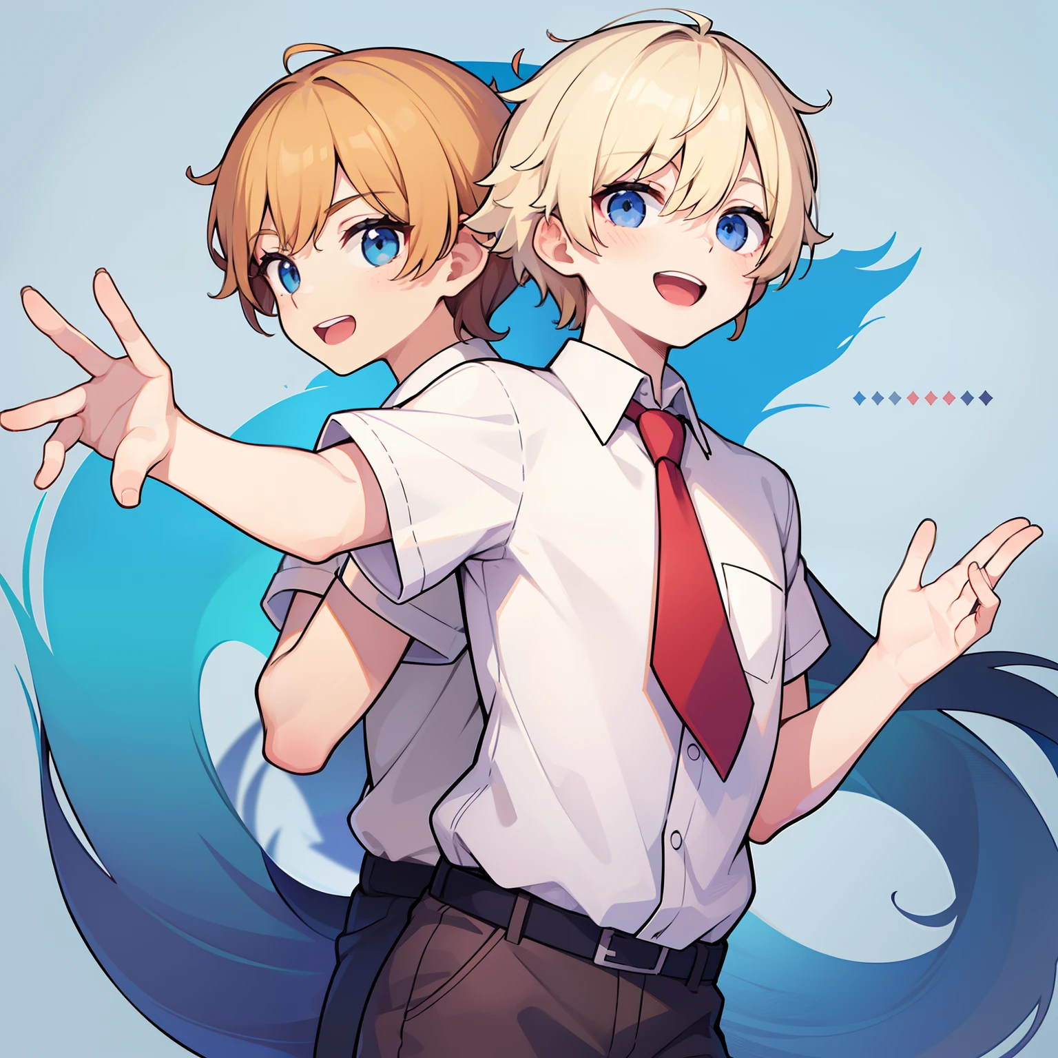 superfine illustration,Animated,1boy, Yaoi,School,Guy,man,Man's,Short hair,Curly hair,Parted bangs,Blonde hair,Short sleeve,half-pants,Brown pants,Smile,Blue eyes,White skin,White shirt,Red tie,Two back teeth,hitornfreckles, superfine illustration,Animated,man,Man's,Short hair,Curly hair,Parted bangs,hair between eye,Blonde hair,Smile,Blue eyes,White skin,White shirt,