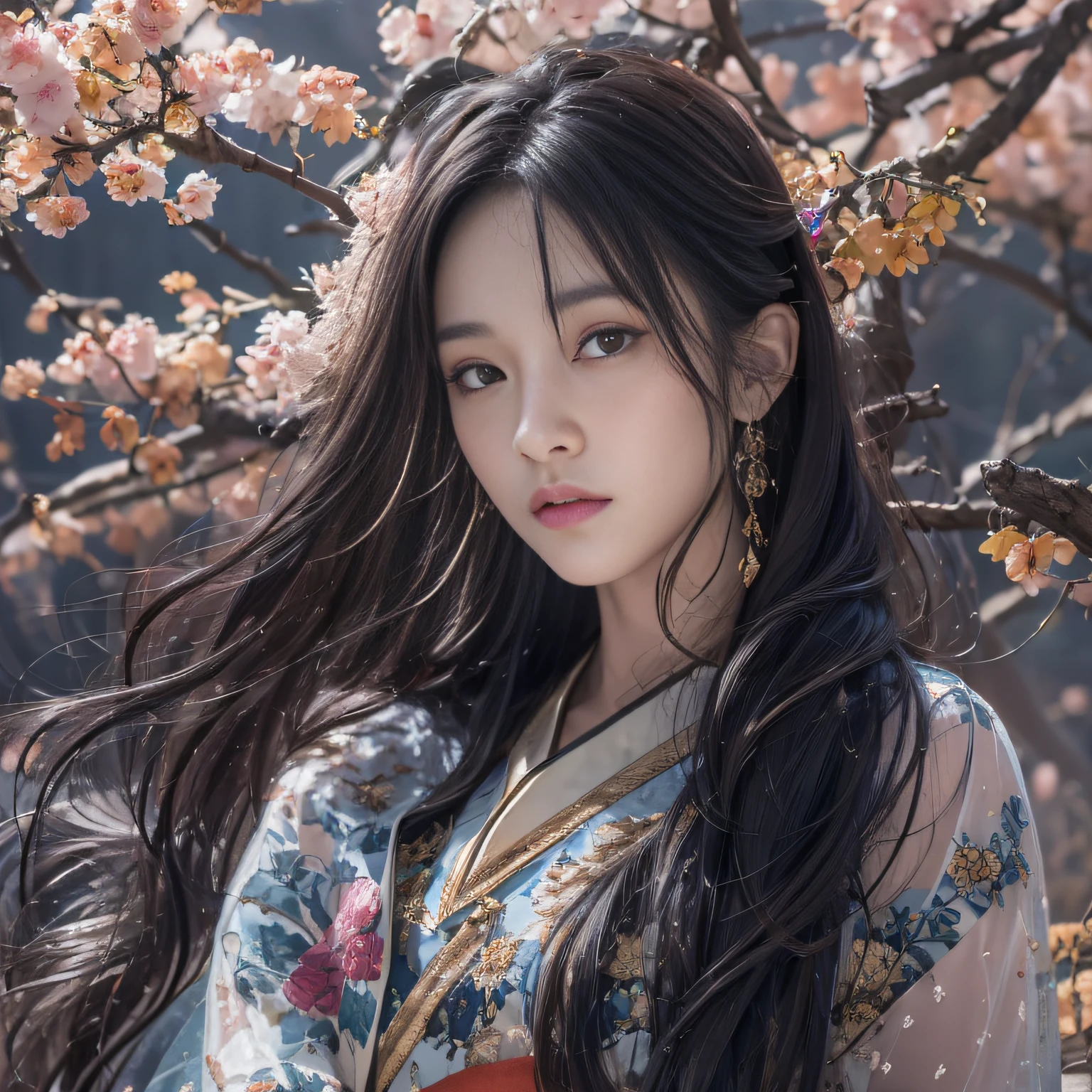 32K（tmasterpiece，k hd，hyper HD，32K）Long flowing black hair，ponds，zydink， a color，  Xuzhou people （ girl nipple）， （Blue and white silk scarf）， Combat posture， looking at the ground， long whitr hair， Floating hair， Carp pattern headdress， Chinese long-sleeved cheongsam， （Abstract gouache splash：1.2）， Pink petal background，Pumpkin flowers fly（realisticlying：1.4），Black color hair，Fallen leaves flutter，The background is pure， A high resolution， the detail， RAW photogr， Sharp Re， Nikon D850 Film Stock Photo by Jefferies Lee 4 Kodak Portra 400 Camera F1.6 shots, Rich colors, ultra-realistic vivid textures, Dramatic lighting, Unreal Engine Art Station Trend, cinestir 800，Long flowing black hair，see-through transparent clothes