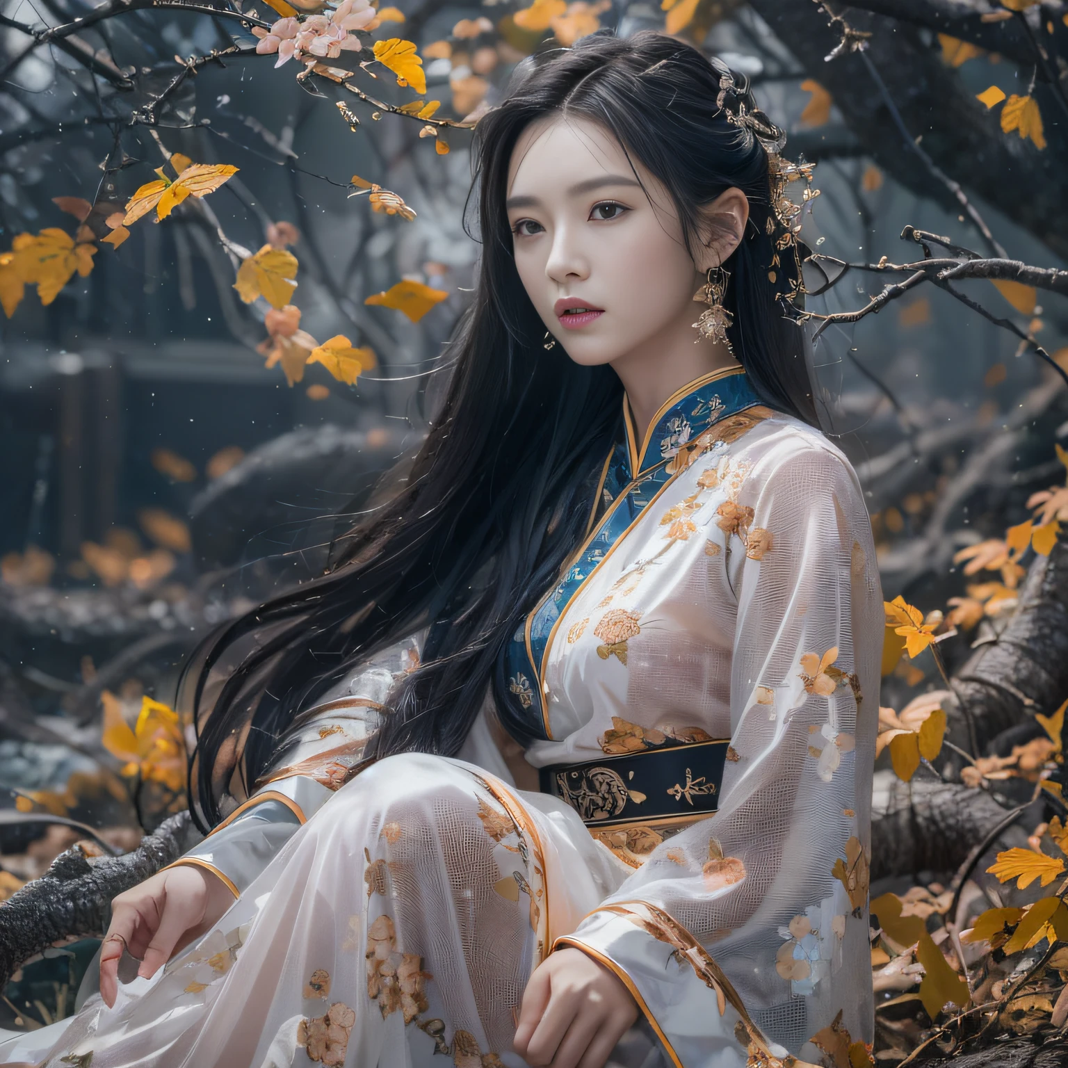 32K(tmasterpiece,k hd,hyper HD,32K)Long flowing black hair,ponds,zydink, a color, Xuzhou people (Sexy girl nipple), (Blue and white silk scarf), Combat posture, looking at the ground, long whitr hair, Floating hair, Carp pattern headdress, Chinese long-sleeved cheongsam, (Abstract gouache splash:1.2), Pink petal background,Pumpkin flowers fly(realisticlying:1.4),Black color hair,Fallen leaves flutter,The background is pure, A high resolution, the detail, RAW photogr, Sharp Re, Nikon D850 Film Stock Photo by Jefferies Lee 4 Kodak Portra 400 Camera F1.6 shots, Rich colors, ultra-realistic vivid textures, Dramatic lighting, Unreal Engine Art Station Trend, cinestir 800,Long flowing black hair,see-through transparent clothes