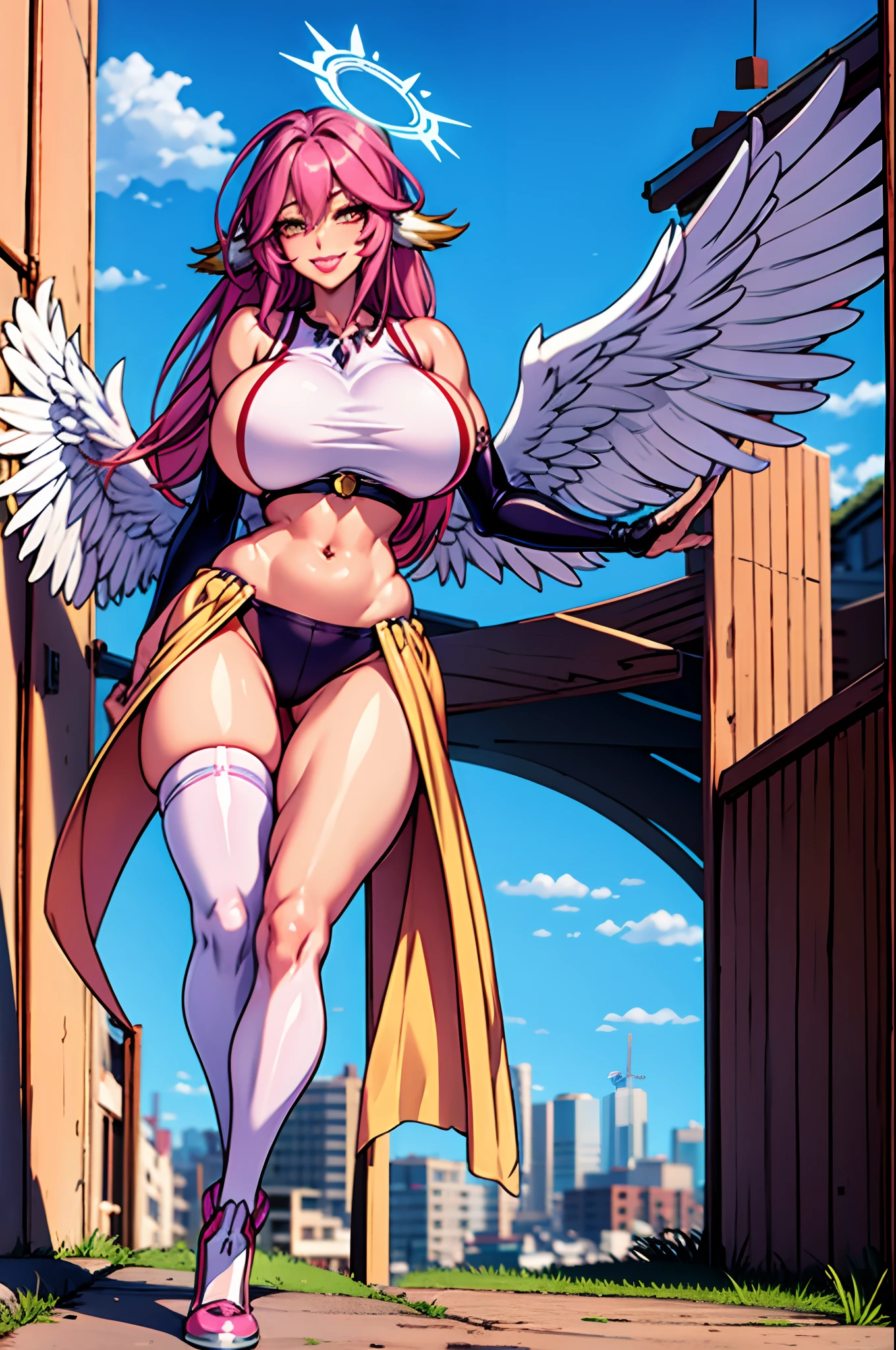 jibril 1girl, solo, long hair, breasts, sideboob, halo, pink hair, pink stocking, low wings, compass rose halo, wings, navel, book, gloves, bird ears, midriff, magic circle, asymmetrical legwear, angel, angel wings, animal ears, very long hair, yellow eyes, white wings, large breasts, mismatched legwear, single shoe, feathered wings, orange eyes, shoes, multicolored eyes, thighhighs, crop top, cross, multicolored hair, gradient hair, looking at viewer,, smile ,walking