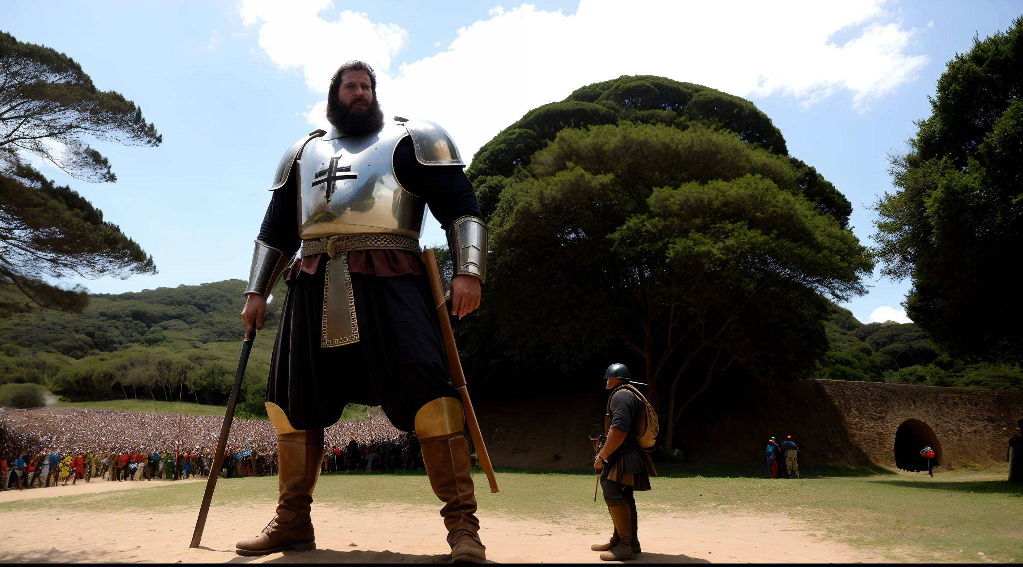 um homem gigante muito grande, forte, extremamente detalhado, ao fundo um cenario de guerra medieval,