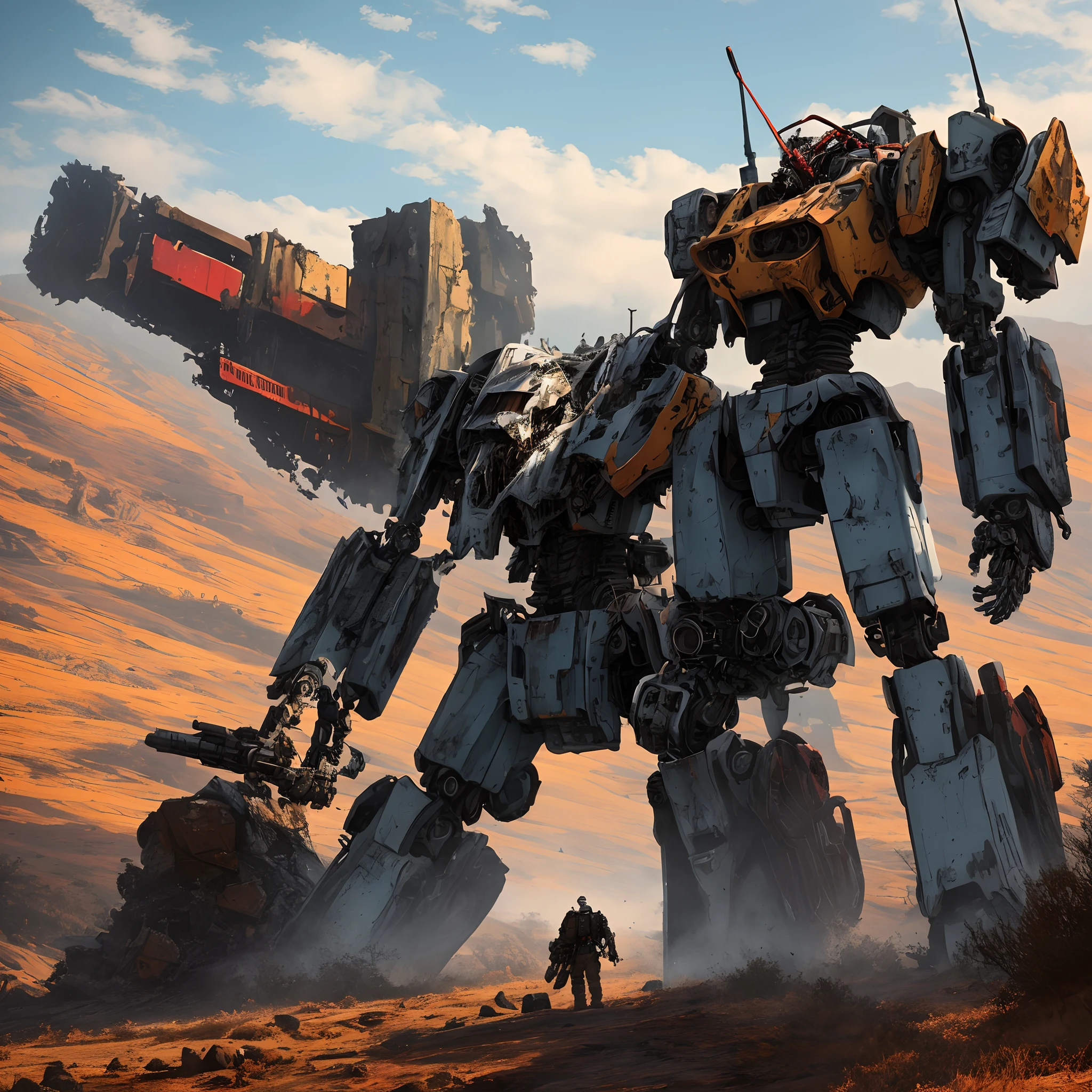 Destroyed mech in a valley of red, blue and gold colors