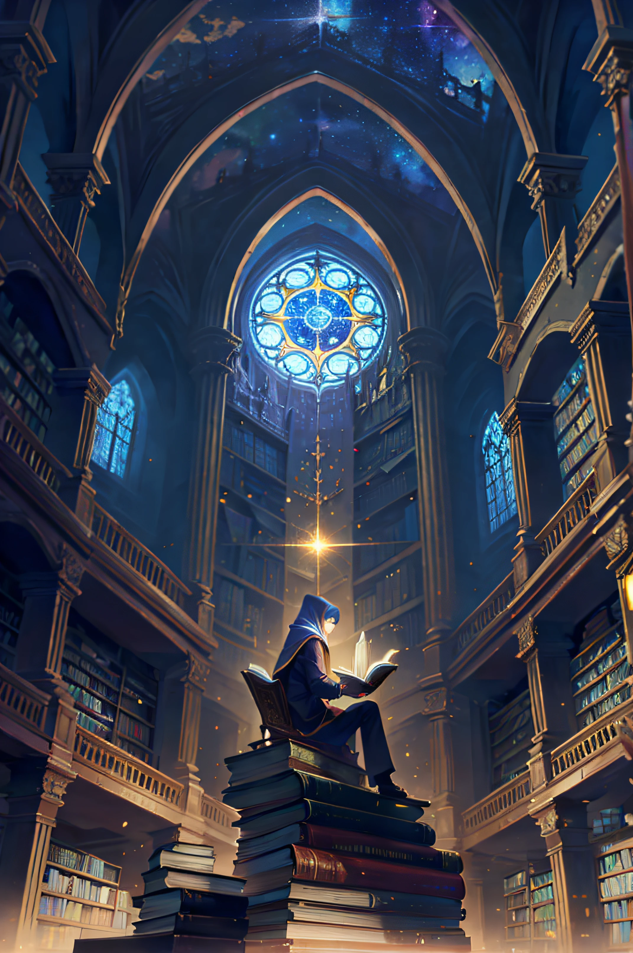 dark cathedral, very big cathedral full of books on the shelves, ceiling tall as a castle, galaxy color palette BREAK 1 man sitting ((high)) at the top of the cathedral, fairy, celestial being, reading a book, BREAK frog view, masterpiece, full shot, sparks in the air, stars inside the library, moolight, golden hour, contrast