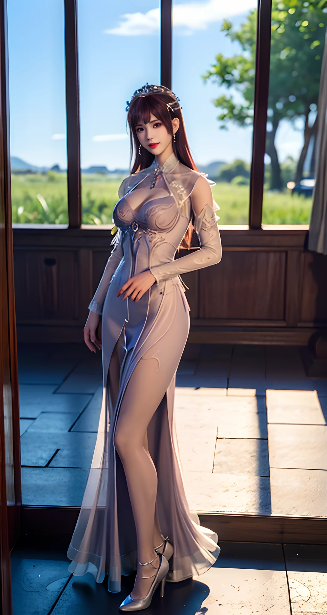 ulzzang-6500-v1.1, (raw photo:1.2), (photorealistic:1.4), beautiful detailed girl, very detailed eyes and face, beautiful detailed eyes, super detailed, high resolution, very detailed, best quality, masterpiece, (((princess))), ((sexy long dress)), ((alluring)), ((see_through)), ((transparent)), ((g_string)), ((intricate details)), ((see_through_dress)), Full body, slim body, petite body, beautiful detailed whole body, ((cleavage)), ((see_through_nipple:1.2)), ((royal bedchamber)), ((nipple)), ((bare_breast))