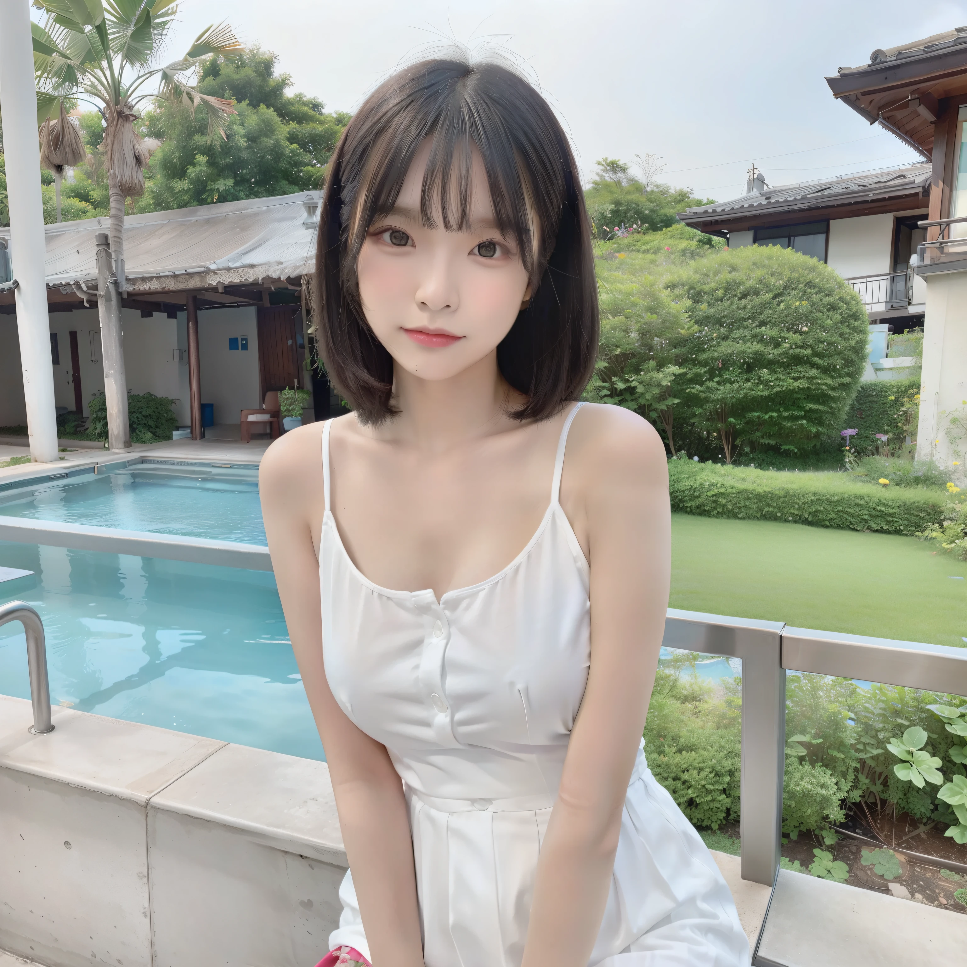 top-quality、超A high resolution、(Photorealsitic:1.4)、1girl in、独奏、cleanness、(black hair short cut)、(huge-breasted:1.2)、looking at the viewers、a closeup、cute little、Realistic Girl、18year old、japanes、Black eye、natural soft light、slim figure、White skirt with floral pattern、Sea of the Philippines、