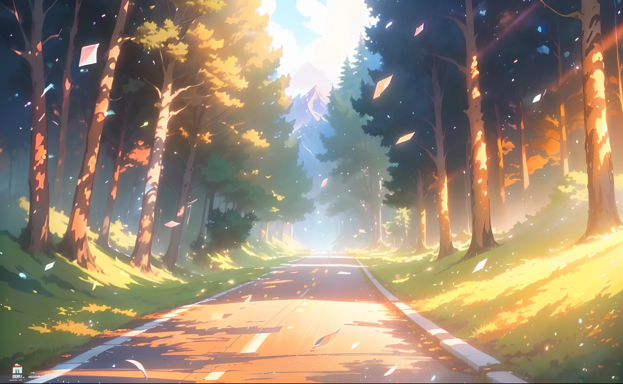 There is a picture of the road，There is a pile of paper on it, Anime background art, anime backgrounds, colorful anime movie background, Anime landscape concept art, anime lush john 8k woods, beautiful anime scenes, anime movie backgrounds, ross tran. scenery background, Makoto Shinkai Cyril Rolando, beautiful anime scenery, anime beautiful peace scene, anime countryside landscape