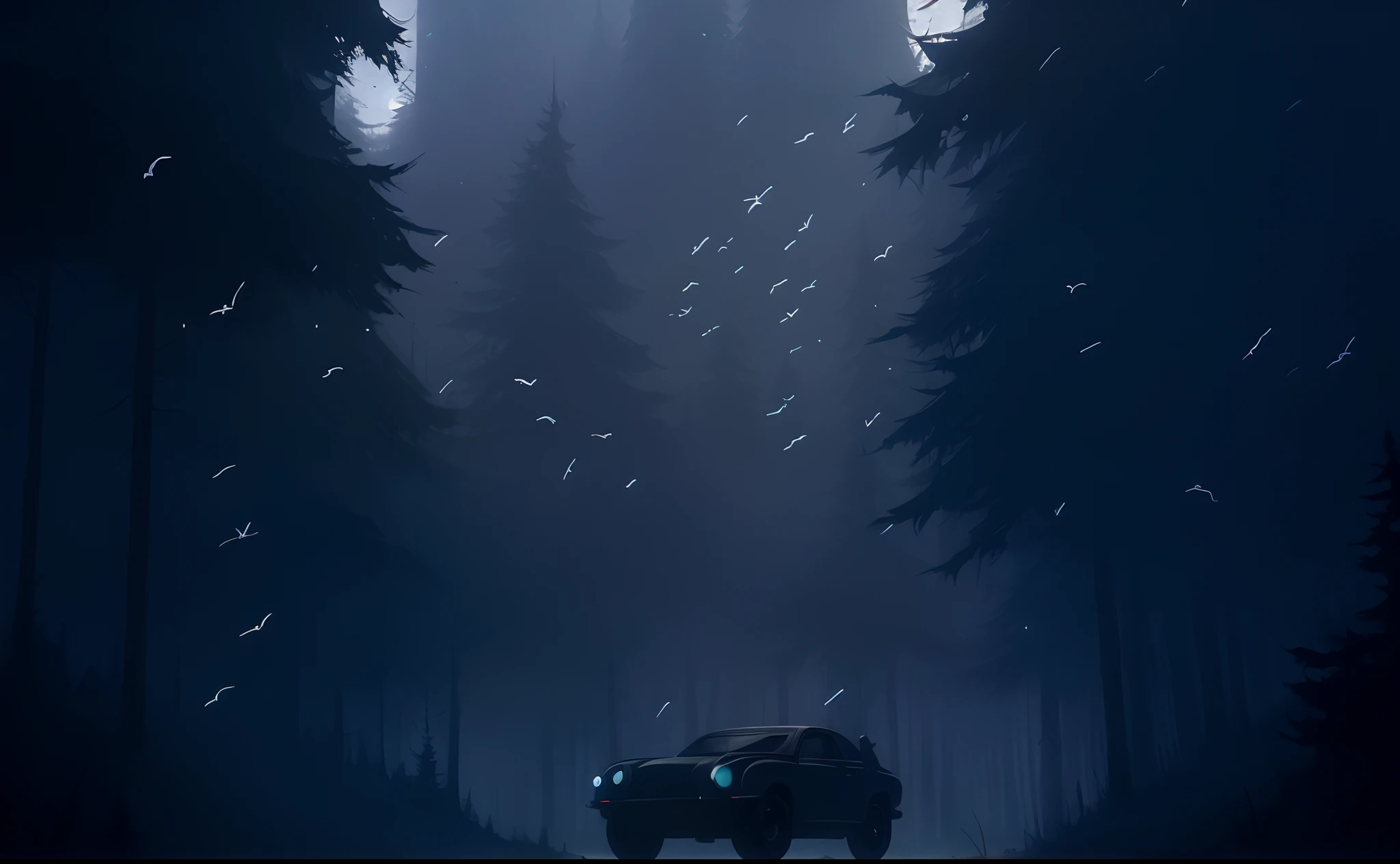 Arafeld car through the forest，There are a lot of birds, eerie nostalgic concept art, inspired by roger deakins, in roger deakins style, anato finnstark and alena aenami, inspired by Simon Stalenhag, inspired by Martin Deschambault, dark cinematic concept art, photorealistic dark concept art, inspired by Simon Stalenhag