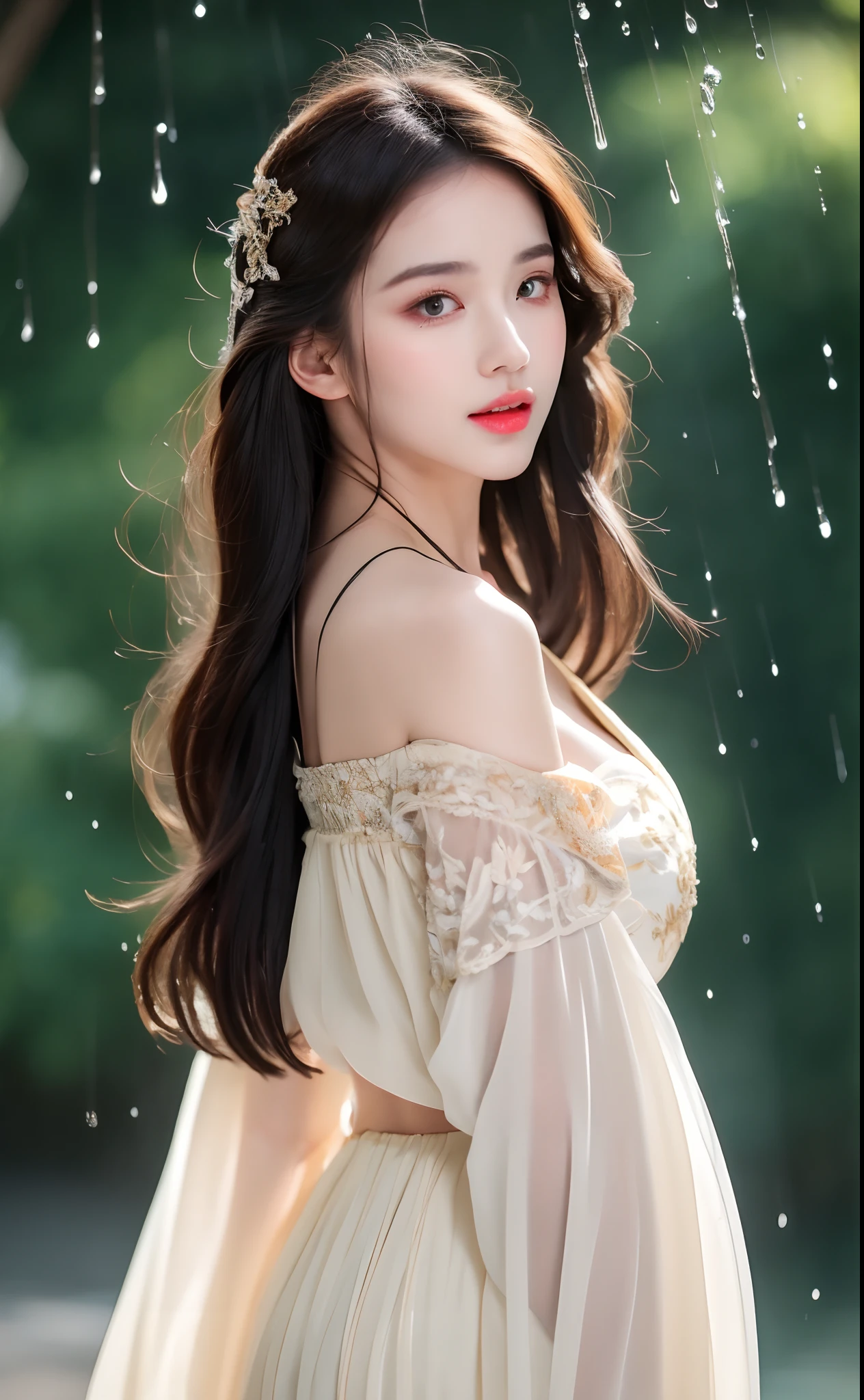 ((Best Quality, 8k, Masterpiece: 1.3)), Focus: 1.2, Perfect Body Beauty: 1.4, Buttocks: 1.2, ((Layered Haircut)), (Wet Clothes: 1.1), (Rain, Street:1.3), (Breasts: 1.2), (Hanfu: 1.2), Bare Shoulders, Bare Legs, Highly Detailed Face and Skin Texture, Fine Eyes, Double Eyelids, Whitened Skin, Long Hair, (Shut Up: 1.5), (Bokeh Background: 1.5), Big Breasts