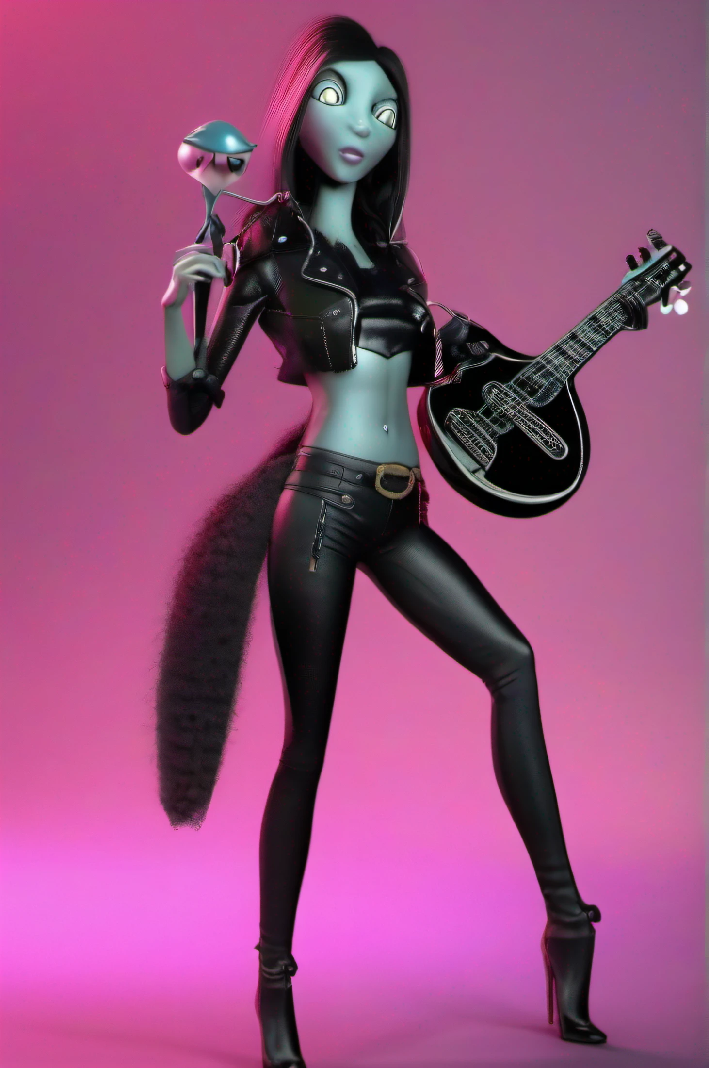 Create an alien being with a female and funny body, it must be smiling. Must be wearing rock n roll clothing, leather pants and biker style leather jacket. The character must have four arms playing a musical instrument, a keyboard. The image must have a black background. The character must be standing and appearing in full