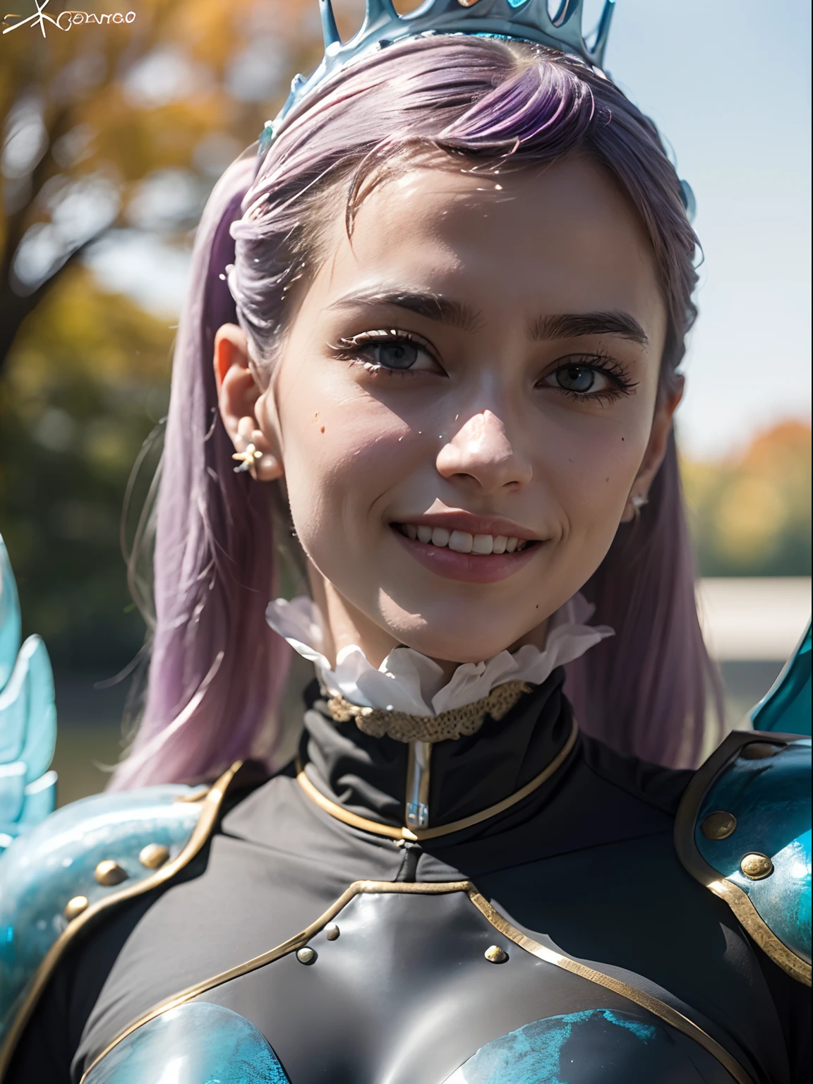 ((Masterpiece, high quality, high resolution:1.4), (close up:1.2), (beautifull smile), (1girl), noelle_silva, long hair, twintails, bangs, earring, (light violet hair:1.2), purple eyes, ((water_armor)), (wings), crown, valkyrie, armored dress, angel, tree, sunset, autumn, autumn leaves, night, moon, (dancing:1.2), highly detailed skin, skin pores, (highly detailed face:1.2), (highly detailed eyes:1.2), realistic pupils:1.2, full face blush, full lips, (perfect anatomy:1.1), (perfect proportions:1.1), (photography:1.1), (photorealistic:1.1), volumetric lighting, dynamic lighting, real shadows, (highres:1.1), sharp focus, (realistic, hyperrealistic:1.4), intricate, high detail, dramatic, subsurface scattering, big depth of field, vivid, polished, sharpened, ((full Sharp)), (extremely absurdres),16k hdr,