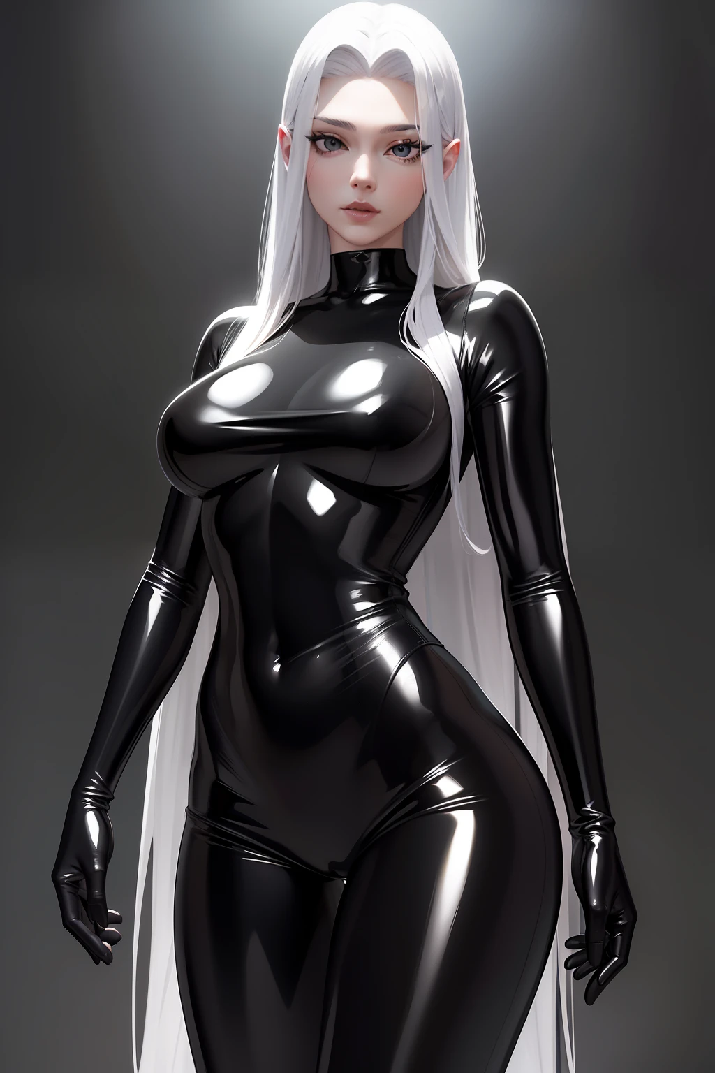 full body picture Unreal Engine 5 8K UHD of beautiful women, wearing white tight latex catsuit covered whole body, latex mask, latex collar, latex body harness and lace, arm and leg cuffs, latex corset, latex long glove, sitting in office, best quality, masterpiece