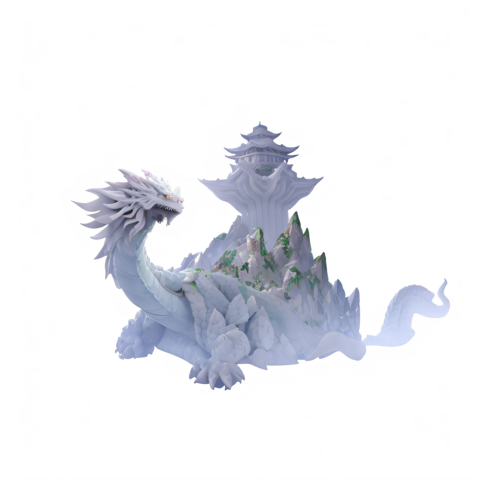 There is a dragon statue on the mountain,The background is a building, Crystal Dragon, Marble white dragon statue, a dragon statue made of jade, long dragon, Frost Dragon, colossal dragon as background, chinese dragon concept art, smooth chinese dragon, china silk 3d dragon, cyan chinese dragon fantasy, colossal dragon in background