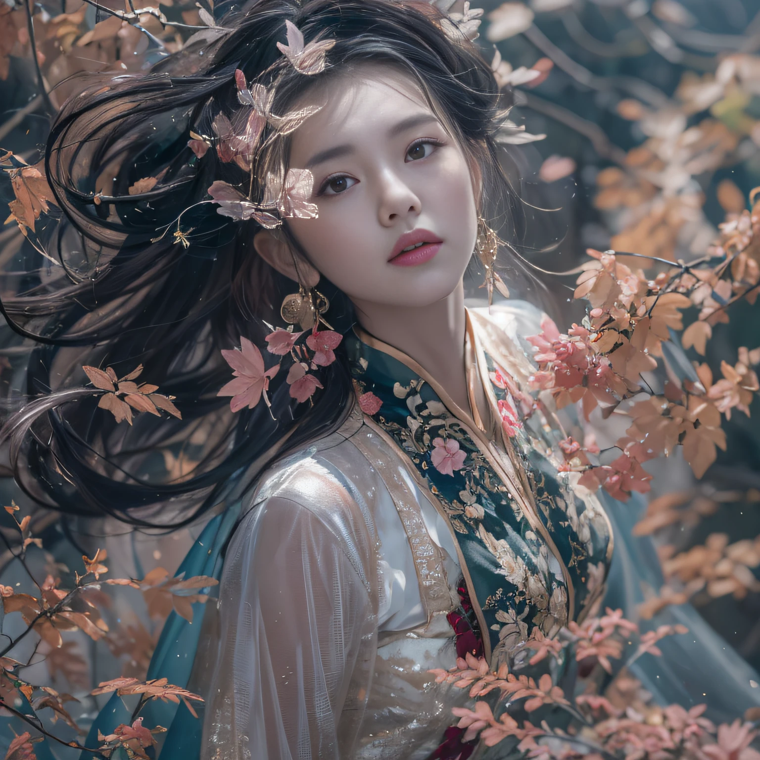 32K(tmasterpiece,k hd,hyper HD,32K)Long flowing black hair,ponds,zydink, a color, Xuzhou people (Sexy girl nipple), (Blue and white silk scarf), Combat posture, looking at the ground, long whitr hair, Floating hair, Carp pattern headdress, Chinese long-sleeved cheongsam, (Abstract gouache splash:1.2), Pink petal background,Pumpkin flowers fly(realisticlying:1.4),Black color hair,Fallen leaves flutter,The background is pure, A high resolution, the detail, RAW photogr, Sharp Re, Nikon D850 Film Stock Photo by Jefferies Lee 4 Kodak Portra 400 Camera F1.6 shots, Rich colors, ultra-realistic vivid textures, Dramatic lighting, Unreal Engine Art Station Trend, cinestir 800,Long flowing black hair,see-through transparent clothes