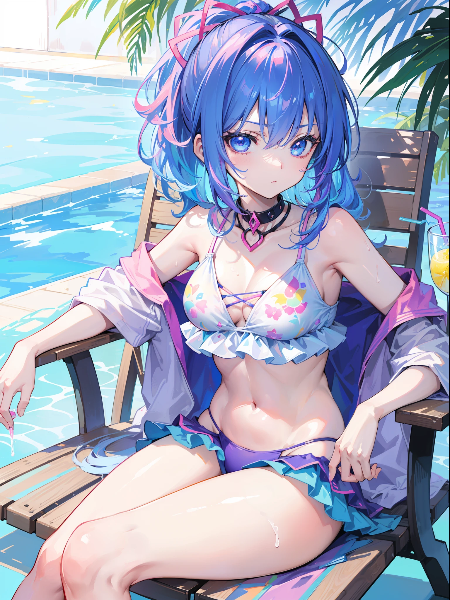 Dark Magician Girl、MKSKS style、1 person、(highly detailed back ground:1.0)、(highly detailed back ground:1.0)、​masterpiece、top-quality、超A high resolution、8K、full bodyesbian、(1/2 pink and 1/2 Light blue hair、rainbow-colored hair)、A detailed eye、Blue eyes、(Rainbow Print Tankini、1/2 pink and 1/2 Light blue tankini)、Detailed skin、glowy skin、(in poolside:1.2)、(Sitting deeply in a poolside chair:1.3、Sip tropical juice by the pool:1.3)、Beautiful Leg Line、(milkyway:1.3)