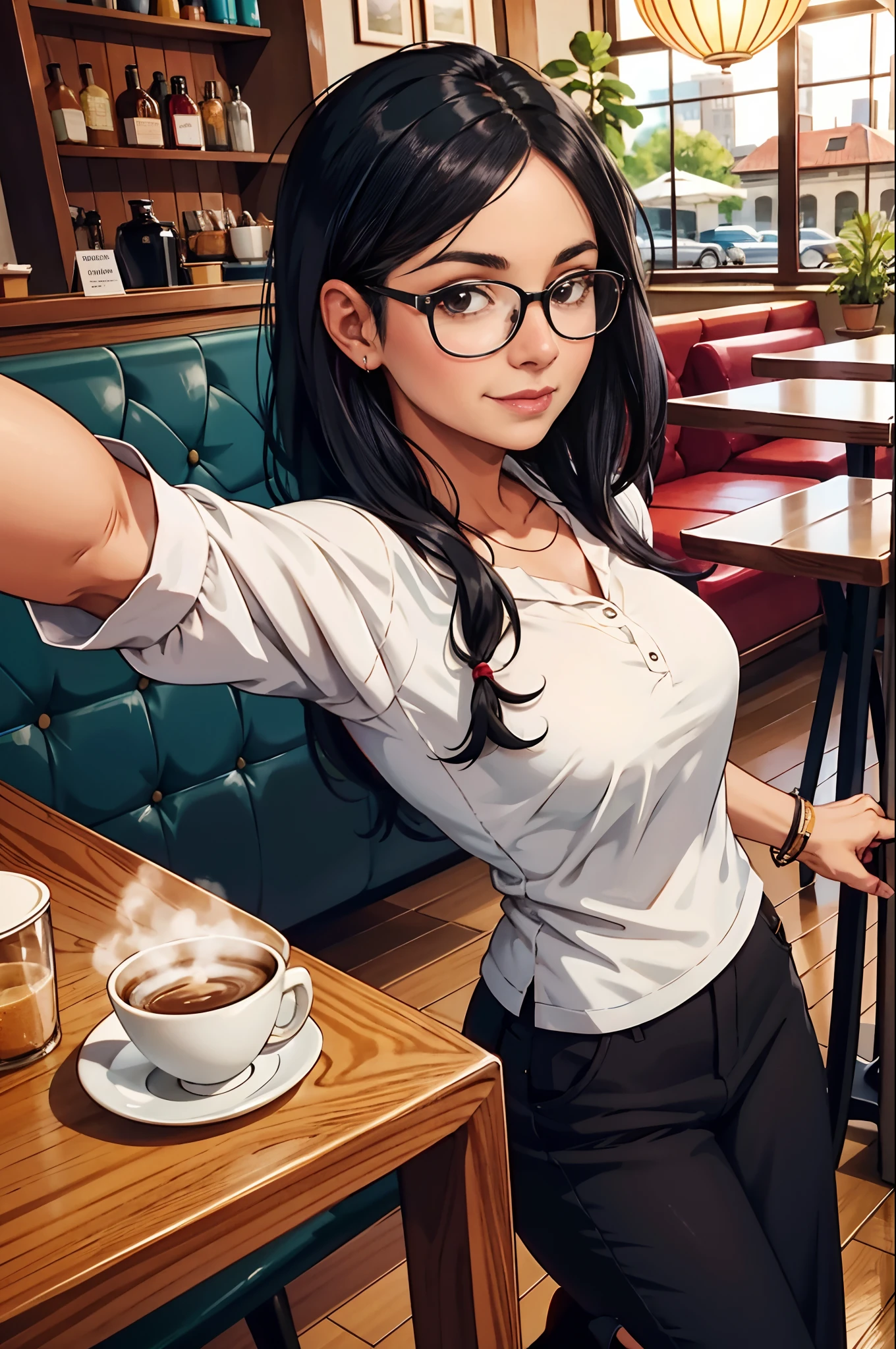 Selfie of a 60 years old woman with glasses, longs black hairs, in a coffee shop, masterpiece
