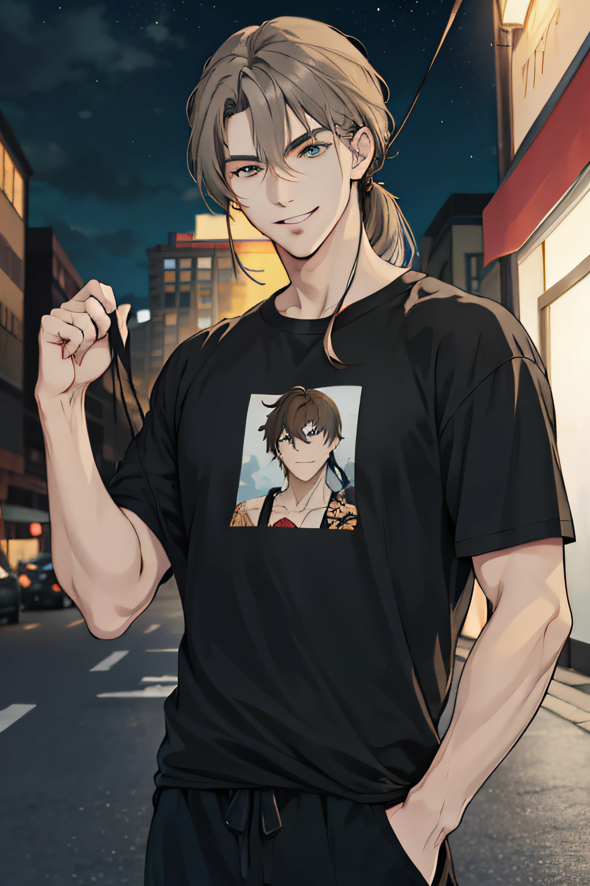 Anime - style image of a man with his hair tied into one, male anime characters,Dark green eyes, masterpiece、top-quality、a handsome、1 person、a black T-shirt、Night Street、nightcity、street、40 years、male people、realisitic、Loosely tied hair、tthin eyebrows、dimples、middle aged man、brown gray hair、messy hair、Loosely tied hair、evil smile、slit eyes、have bangs、small iris、bangs hanging in the middle、sharp eyebrows