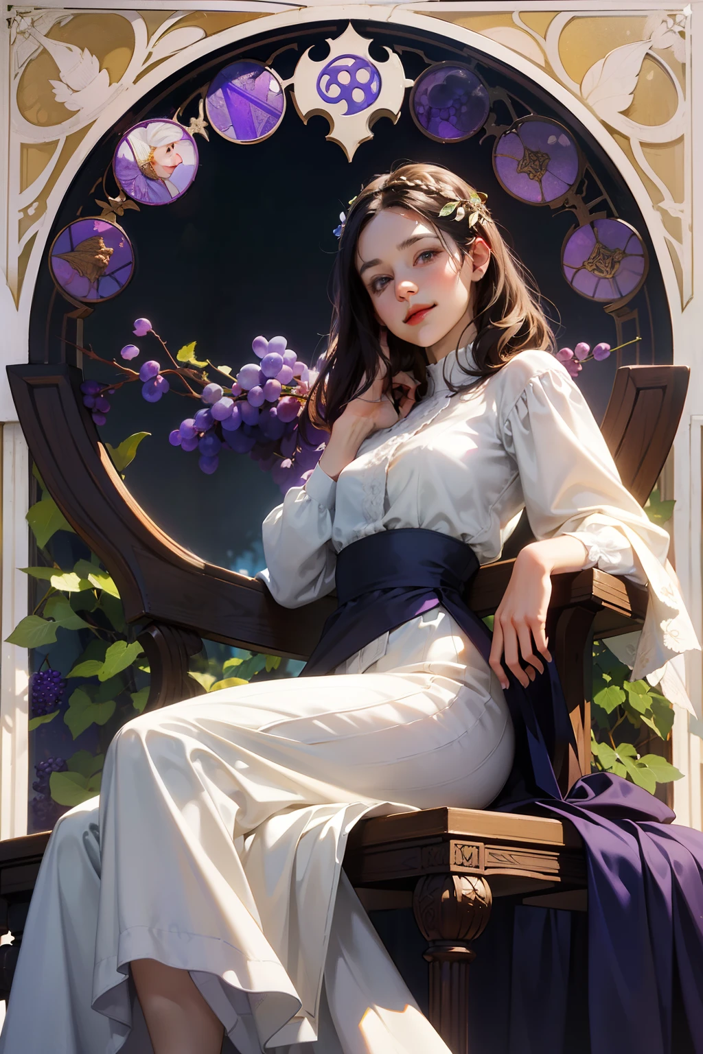 Decorative、Art Nouveau、Woman sitting on bench with wine glass, Grape batake,Grapes、Grape leaves、 in style of digital illustration, wining,stain glass、colored screentone, wine label, colored illustration, scrollwork、Frenchman、Medieval Europe、French linen white shirt、Roll up your sleeves、A slight smile
