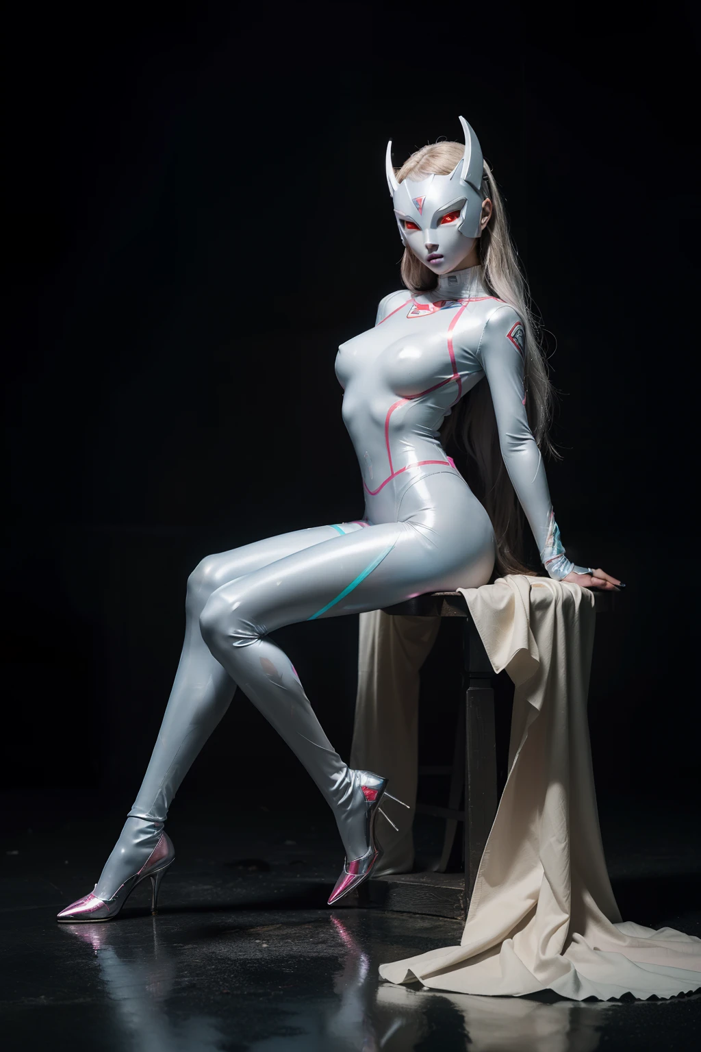 (full body:2),(1girl:1.3),(view the viewer:1.4),(anatomy correct:1.5),(Sitting by the creek,:1.35),(Polished Female Ultraman Print zentai made of rubber:1.5),(Flowing silver long hair:1.4),(Pointed Kitten heels shoes :1.1),(A woman with large buttocks, breasts, and a slender waist:1.4), (Light particle effect:1.3),(In pink | amarelo | blue colors| green color |red color | white colors| black in color| purplish color| greys| Beige| Flesh color 1.4),(Glowing eyes:1.3),(Large amplitude action: 1.3),(Accurate and perfect face:1.4),hyper HD, Ray traching, reflective light,structurally correct, Award-Awarded, high detail, lighten shade contrast, Face lighting ,cinmatic lighting, masterpiece, super detailing, high quality, high detail, best quality, 16k,High contrast,