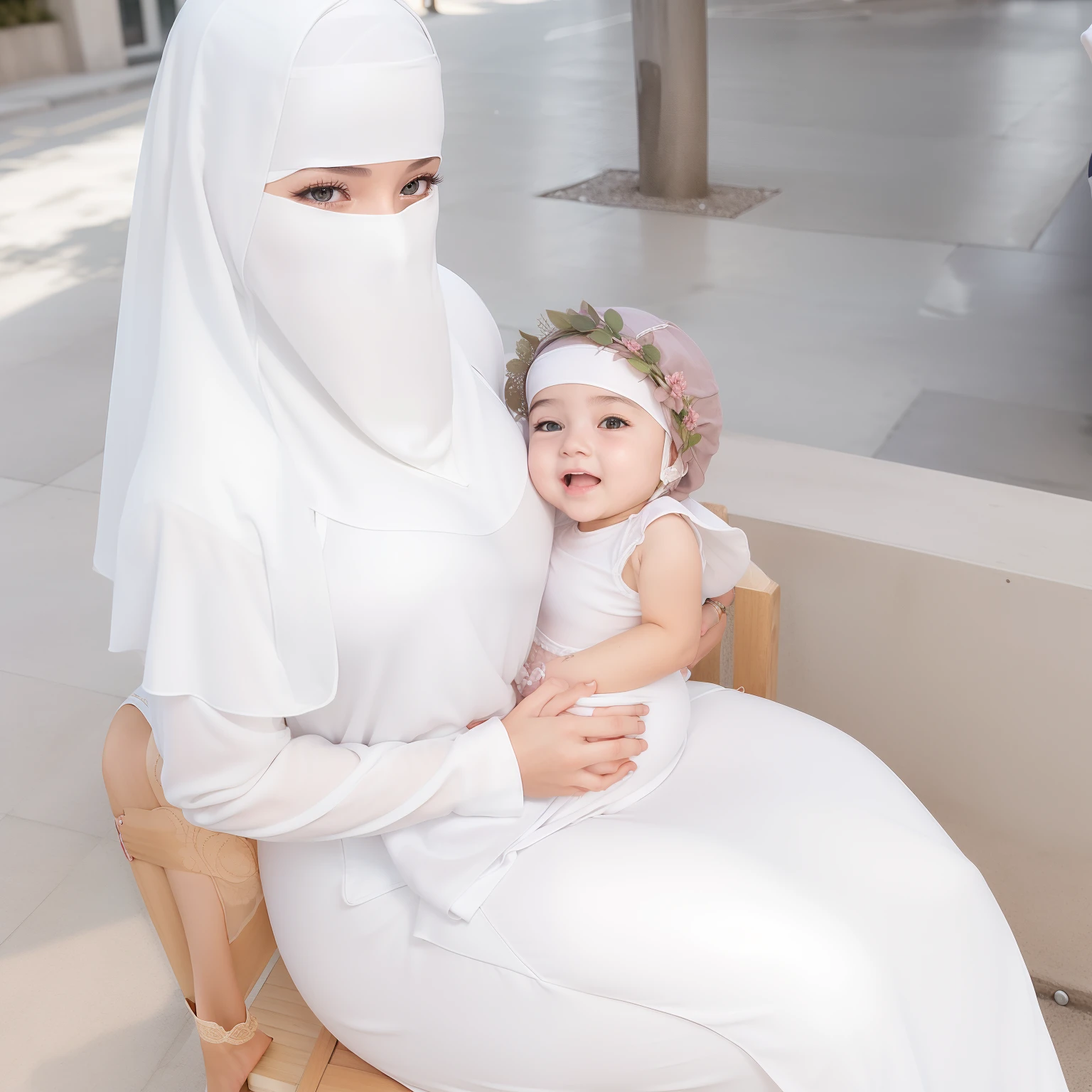 very beautiful mask woman,,long wet white tight shirt and long skirt outfit,super big breast,(P cup),very detailed facial happy expression,beautiful red eyes,hold a baby gsitting on chair in city street,hijab