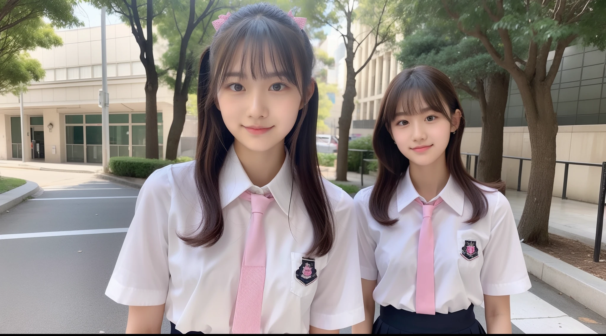 18-year-old high school girl in shirt and miniskirt with red tie