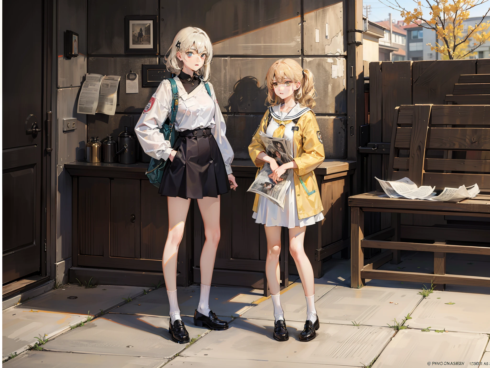 ((A wall of yellowed newspapers))（Yellowish texture，The art of Rei Kurahashi，Full body like）A super beautiful girl，Long curly blonde hair,Small white socks，Brown leather shoes，Big bright eyes，Cool feeling,Vintage pause，Vintage style.Low saturation colors，Mottled texture，Yellowing，Classical texture，Trendy clothing texture，The art of Rei Kurahashi，Front view，In the background is a wall of newspapers，8k - with 3:4--Niggie 5