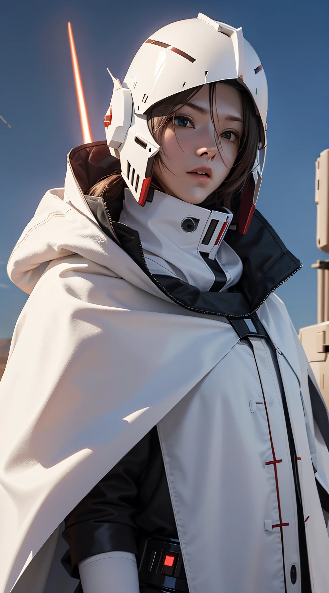 Up,Gundred,droid,White livery,Ready,Domineering,《Anime Gundam》》》》》,lightsabers,Wasteland wind,mechanical face,Desert background,Tattered cloak