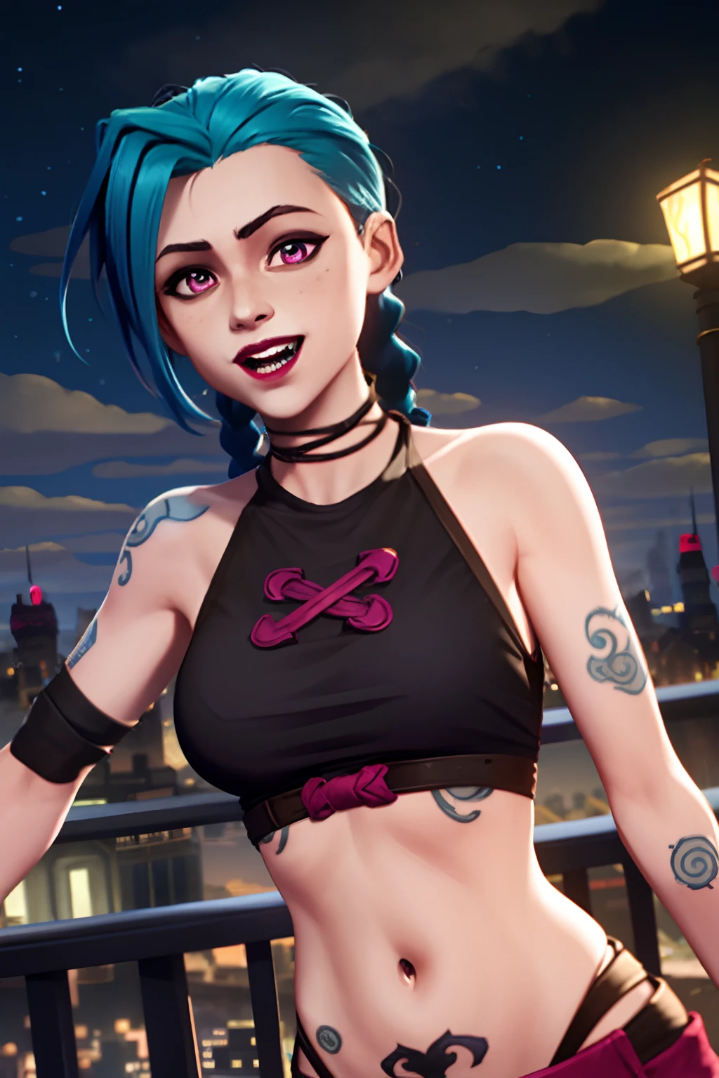 arcane style,
1girl, arm tattoo, asymmetrical bangs, bangs, blue hair, braid, brown shirt, cloud tattoo, looking at viewer, laughing, crazy, uncontrollable laugh, mad look, night, city, green hair, long hair, midriff, pink eyes, red lips, shirt, solo, standing, tattoo, twin braids, upper body, arcane jinx, jinx \(league of legends\)