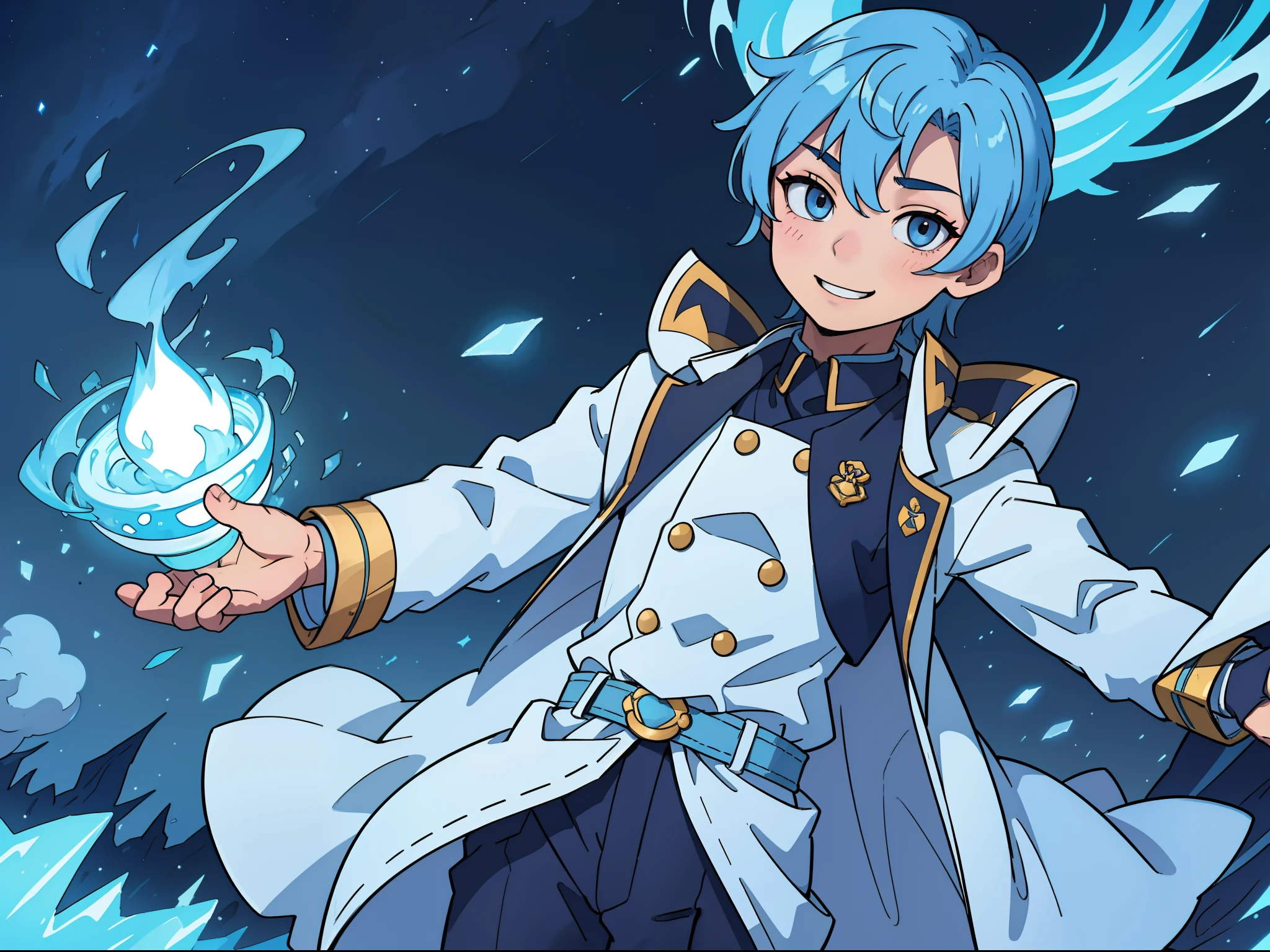 tmasterpiece、A high resolution、depth of fields、dynamic ungle,Libido boy、Great Magician Suit,Wear a light blue hairstyle、Bomao、A smile,magestic、individual,