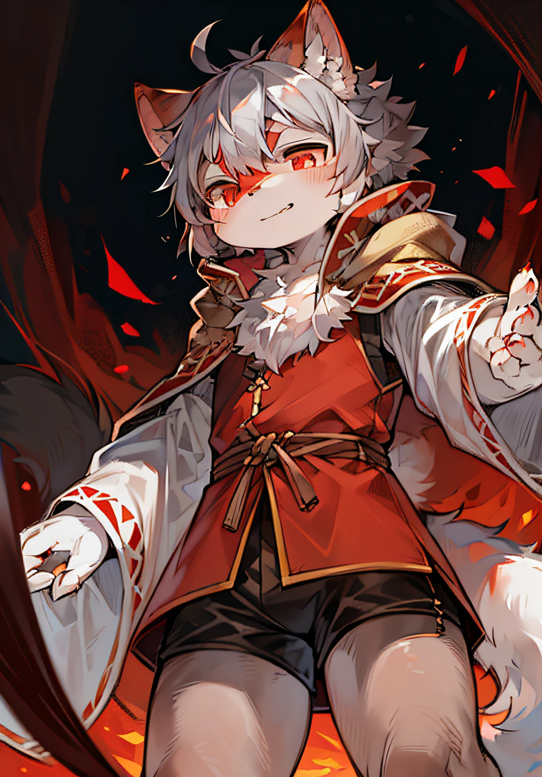 Male free fall,(ambiente dark:0.8),masterpiece,high quality,abstract res,digital painting\(artwork\), by dagasi, yupa,kiyosan,(anthro,fluffy fur,character focus:1.1),anthro male cat,short hair,portrait , eyes with brightness, in a panoramic view, Character focus.(detailedbackground:0.7), 独奏, shaggy, shaggy male, malefocus, anthr,(Full Body Furry, Fluffy tail, White fur, red color eyes, Gray hair:1.2), (long canines、cloaks:1.2)