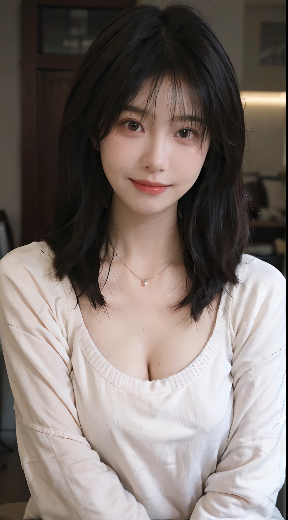 best qualtiy, 超高分辨率, (realisticlying:1.4),cute hairpin,Baoyu Girl,1girll,Long pink sweater,Long pink sweater ,Beautiful woman with a slim figure:1.4, Abs:1.1, (A brown-haired, mideum breasts:1.3), Long pink sweater, 浴室,Ultra-fine face,Elaborate Eyes,二重まぶた,ssmile,choker necklace