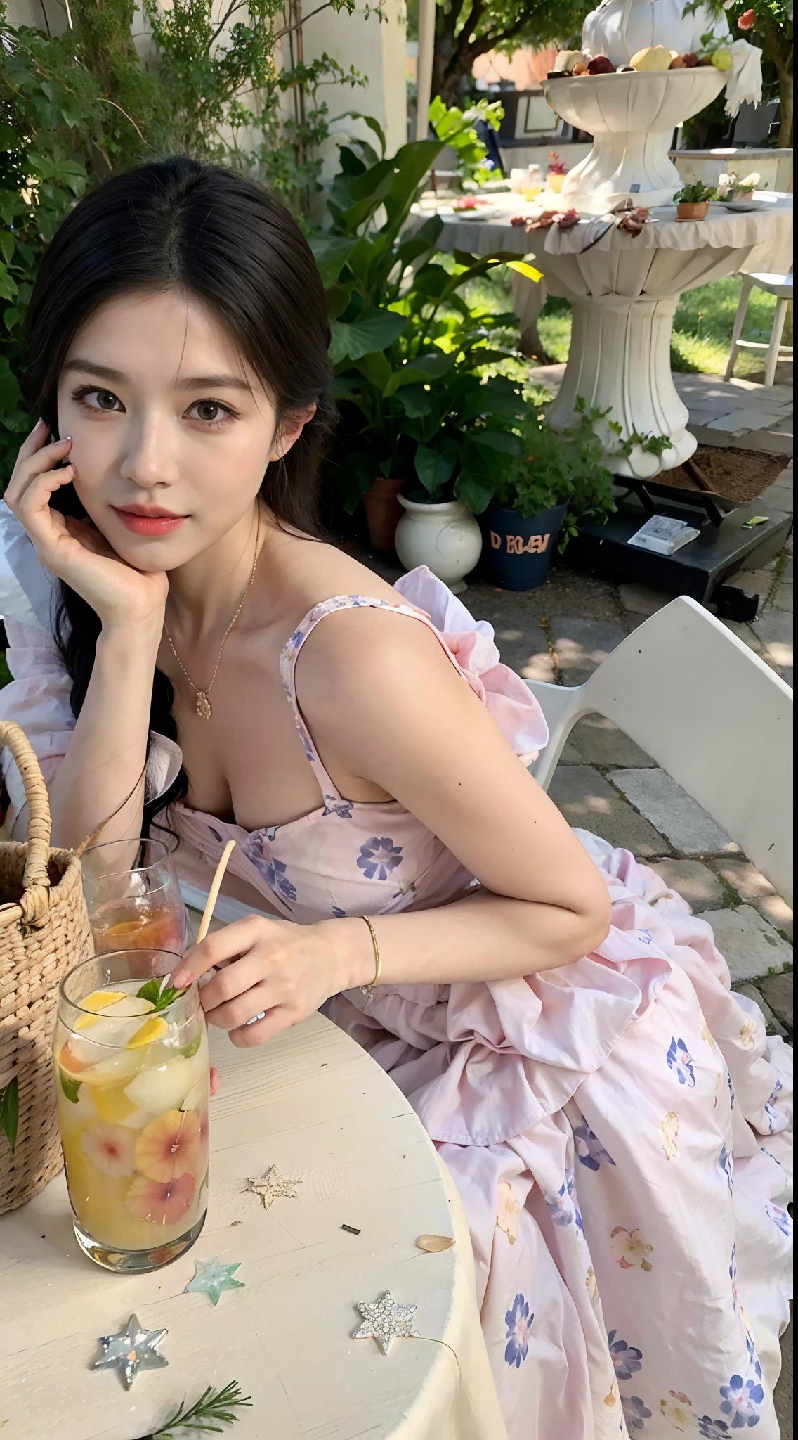 The woman sits at the table,Holding a basket of drinks and a basket of fruit, wearing pink floral gown, sakimichan, cute elegant pose, wearing in a summer dress, imagem de qualidade alta, wearing a long flowery dress, belle delphine, young and cute girl, Romantic dress, Gorgeous lady, wearing organza gown, trending at cgstation
