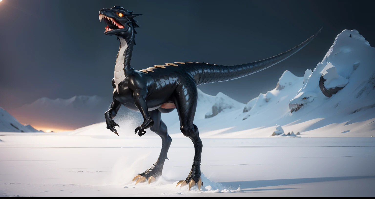 drak，Anthropomorphic dragons，Velociraptors，No wings，The background is a snowy landscape，sunny clear sky，In the daytime，Wear clothing all over，latex suit，SFW version，detailed full body，full body detailed，highly detailed whole body，silver eyes full body，whole body picture，full body shooting hyper detail，Latex clothing，Hairy head，Gold eyes，Black body，black in color