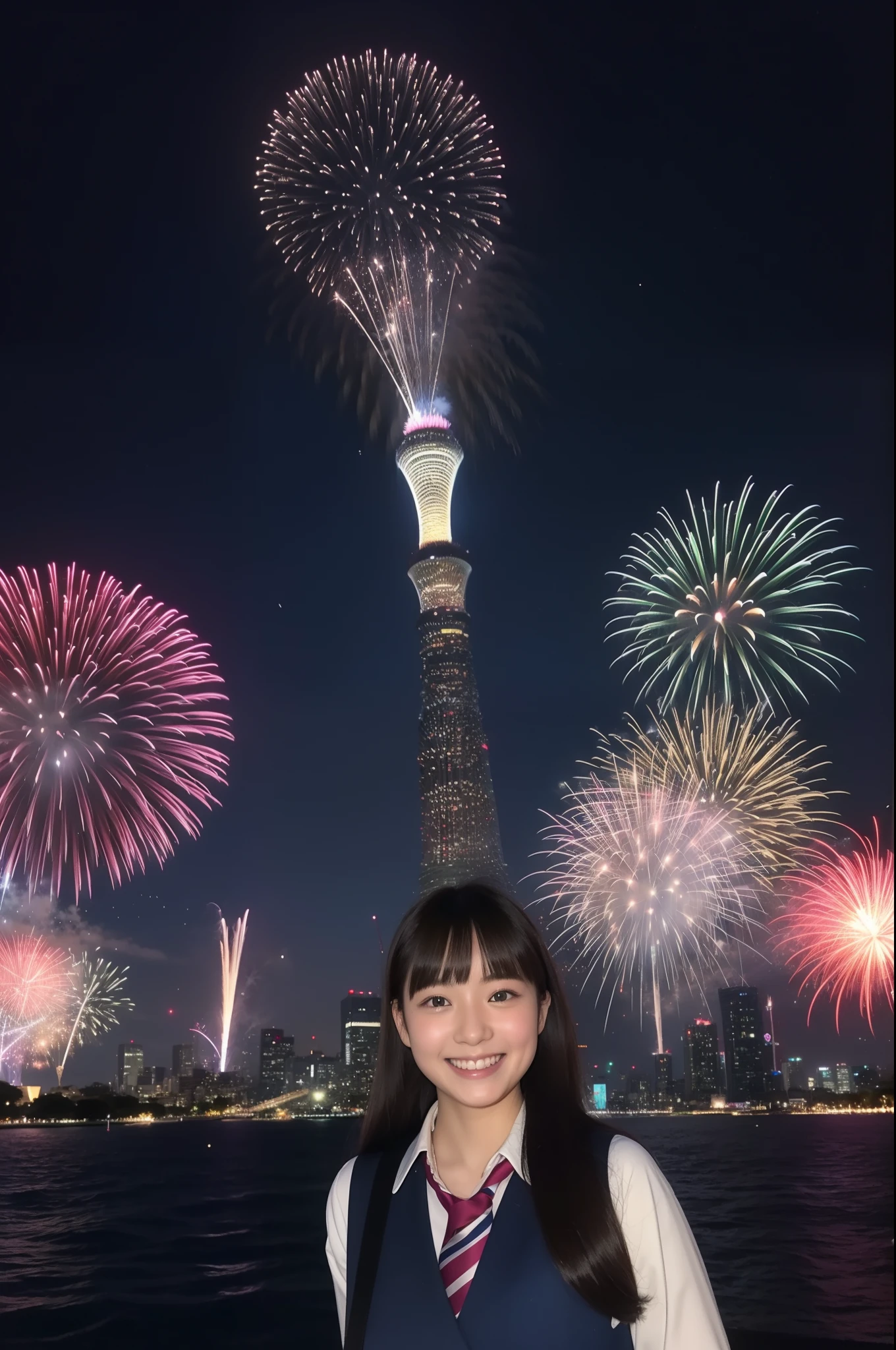 A smile、hi-school girl、校服、While doing fireworks、mare、Tokyo Skytree