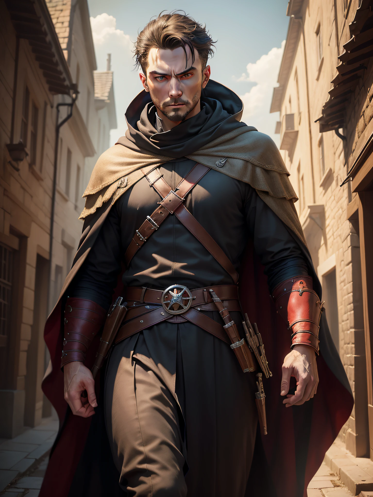 (((masterpiece, Best Quality, Ultra-detailed))), (proficient male assassin, walk, looking down forward, solo, unapproachable vibe, expressionless, serious, Perfect fingers, Perfect hands), 35 years old, (medieval assassin costume, assassin's cloak), Medieval secret town in the background, night, cloudy, Dynamic Angle, extremely short hair, male face, male eyebrows, sharp eyes, sharp nose, forehead, red pupils glowing,