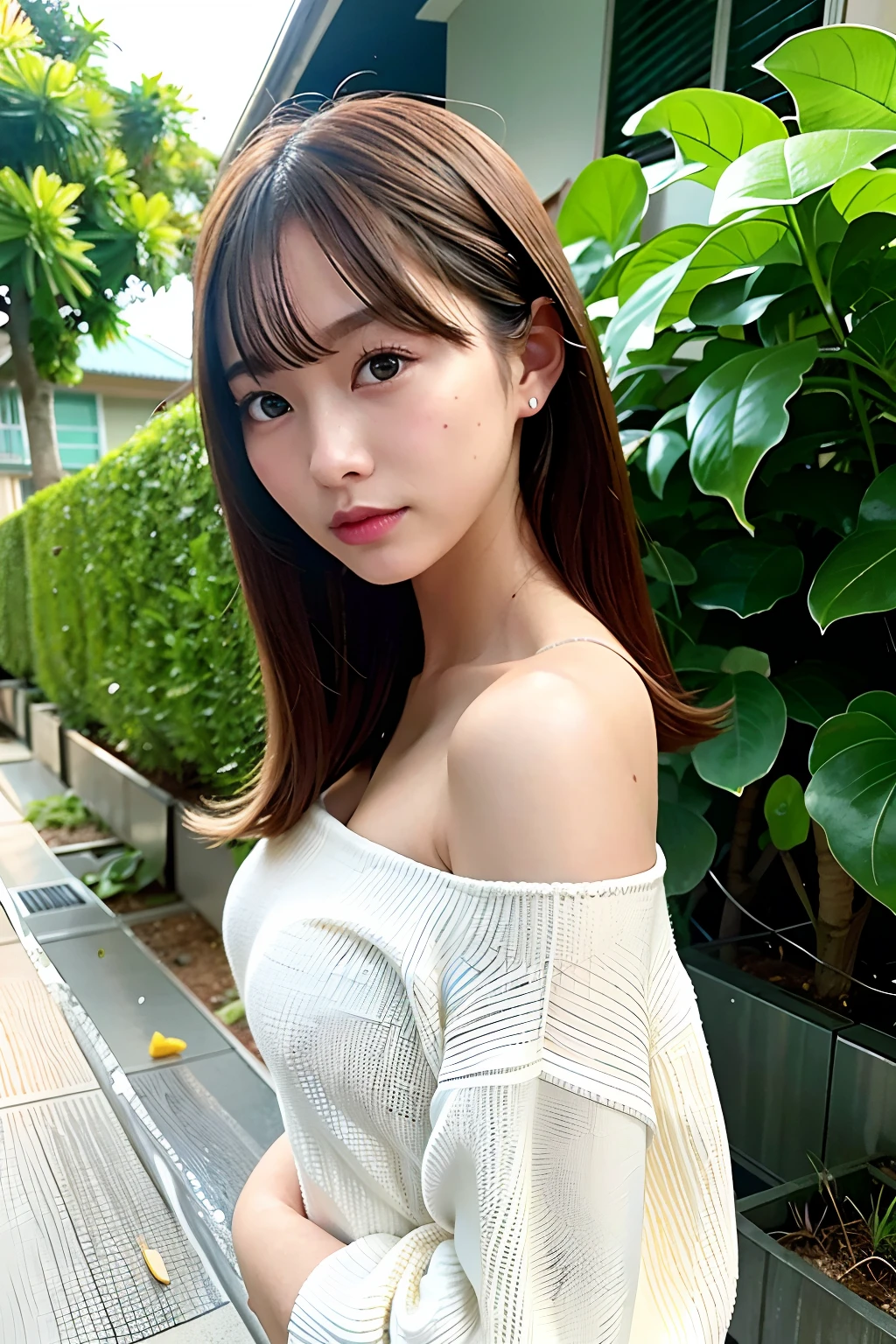 High-fashion photo, editorial photo, 1 Girl Solo, Pretty face, Wearing futuristic off shoulder hoodie, Japanese Models, 25 years old, No makeup, middle breasts, at pineapple farm