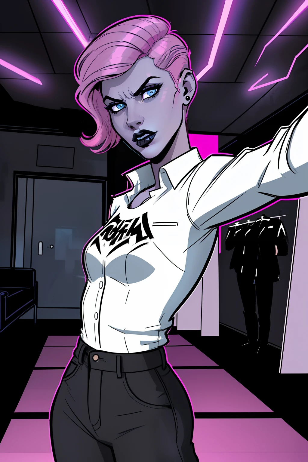 selfie, woman, inside a dark room, dark wall in background, pale blue eyes, detailed short pink hair Short Side Comb haircut, angry expression, black lipstick, small tits, wearing a leather jacket, black pants, shirt, white shirt, comic book style, flat shaded, prominent comic book outline linework