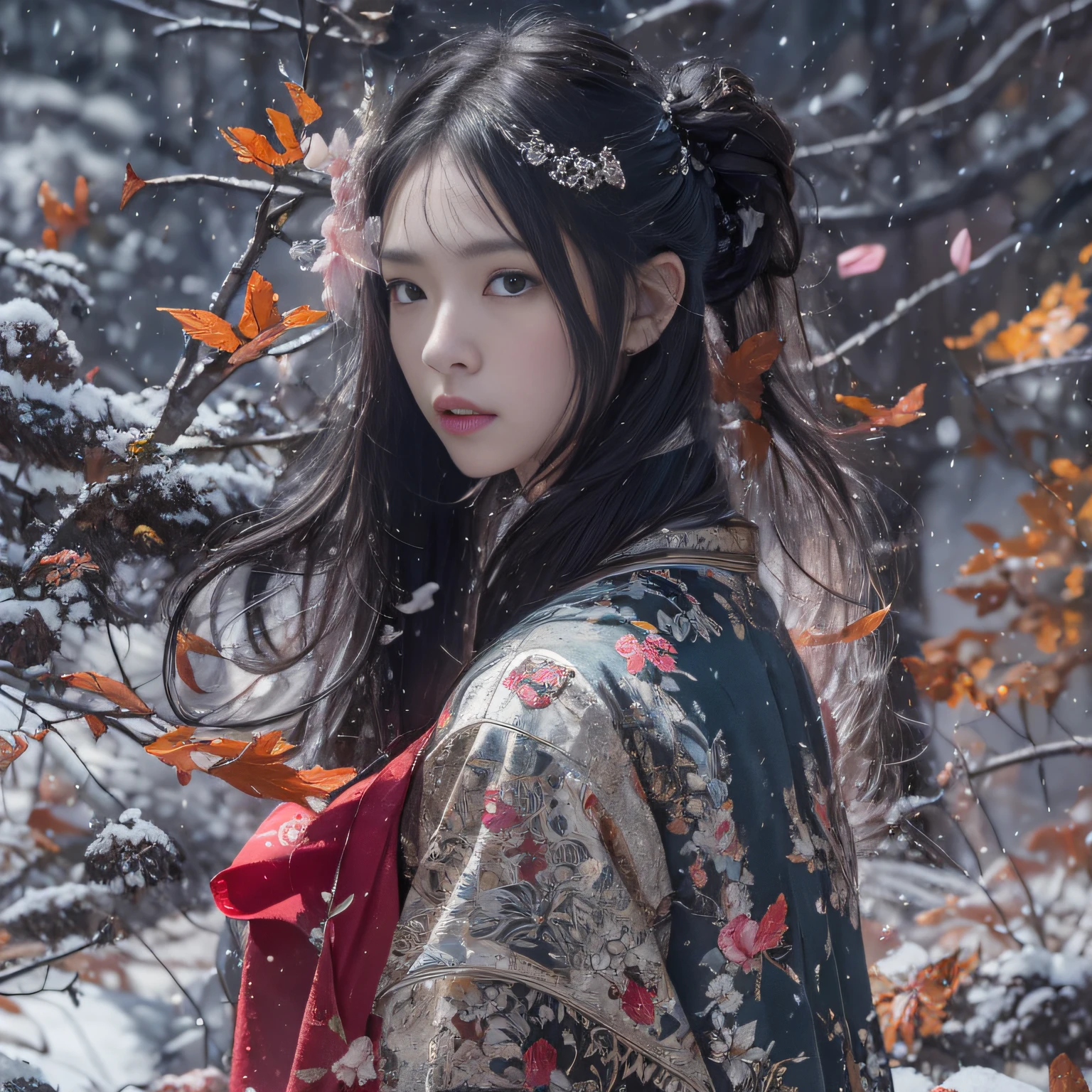 32K(tmasterpiece,k hd,hyper HD,32K)Long flowing black hair,ponds,zydink, a color, Xuzhou people (Seduce girls), (Red scarf in the snow), Combat posture, looking at the ground, long whitr hair, Floating hair, Carp pattern headdress, Chinese long-sleeved silver cheongsam, (Abstract gouache splash:1.2), Pink petal background,Forget the flowers flying(realisticlying:1.4),Black color hair,Fallen leaves flutter,The background is pure, A high resolution, the detail, RAW photogr, Sharp Re, Nikon D850 Film Stock Photo by Jefferies Lee 4 Kodak Portra 400 Camera F1.6 shots, Rich colors, ultra-realistic vivid textures, Dramatic lighting, Unreal Engine Art Station Trend, cinestir 800,Long flowing black hair,see-through transparent clothes