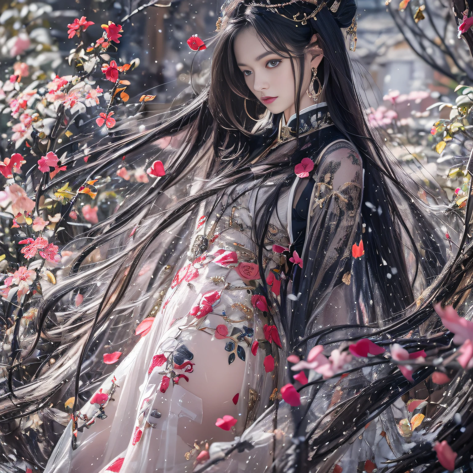 32K（tmasterpiece，k hd，hyper HD，32K）Long flowing black hair，ponds，zydink， a color，  Xuzhou people （Seduce girls）， （Red scarf in the snow）， Combat posture， looking at the ground， long whitr hair， Floating hair， Carp pattern headdress， Chinese long-sleeved silver cheongsam， （Abstract gouache splash：1.2）， Pink petal background，Forget the flowers flying（realisticlying：1.4），Black color hair，Fallen leaves flutter，The background is pure， A high resolution， the detail， RAW photogr， Sharp Re， Nikon D850 Film Stock Photo by Jefferies Lee 4 Kodak Portra 400 Camera F1.6 shots, Rich colors, ultra-realistic vivid textures, Dramatic lighting, Unreal Engine Art Station Trend, cinestir 800，Long flowing black hair，see-through transparent clothes