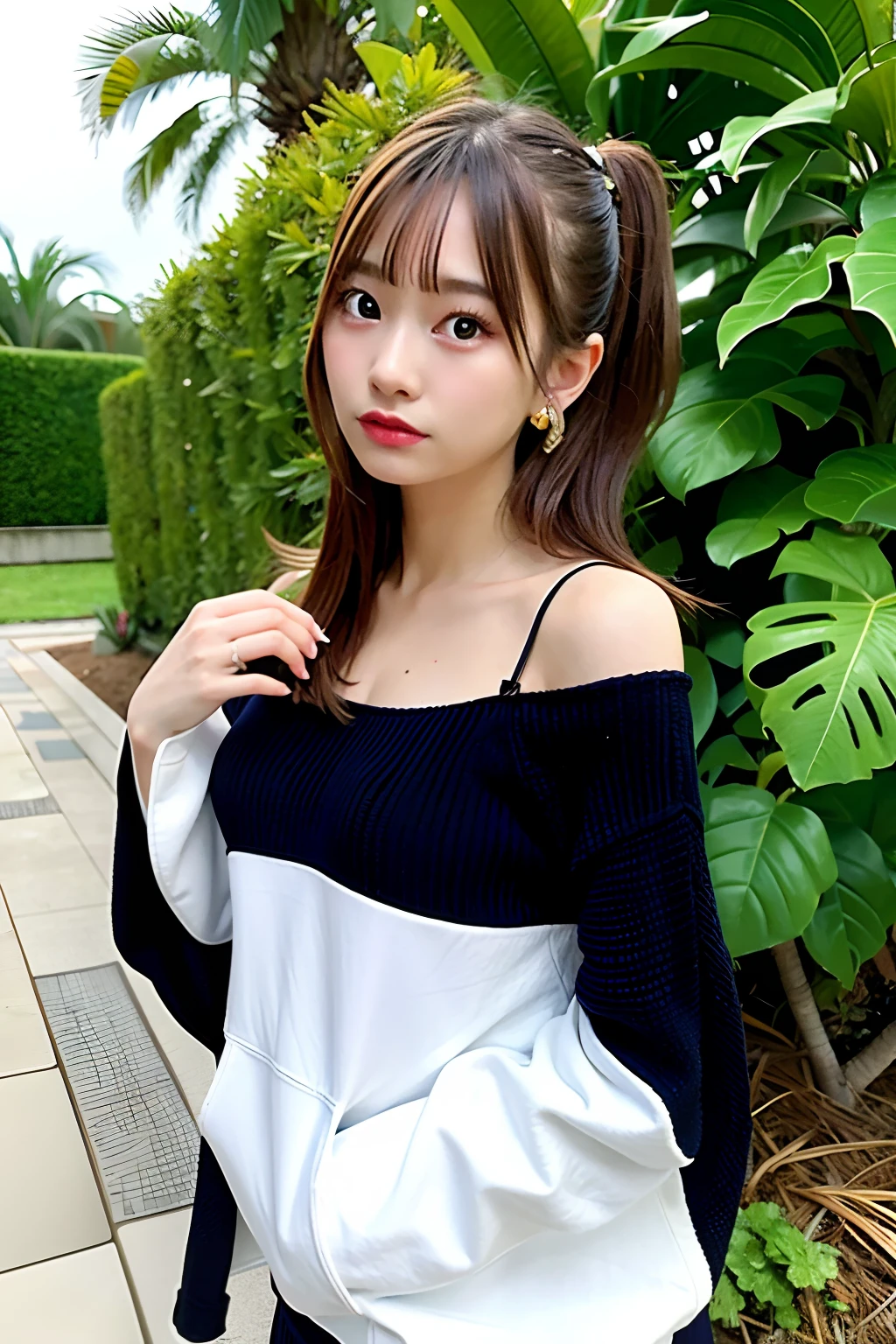 High-fashion photo, editorial photo, 1 Girl Solo, Pretty little girl face, Wearing futuristic off shoulder hoodie, Japanese Models, 25 years old, No makeup, middle breasts, at pineapple farm