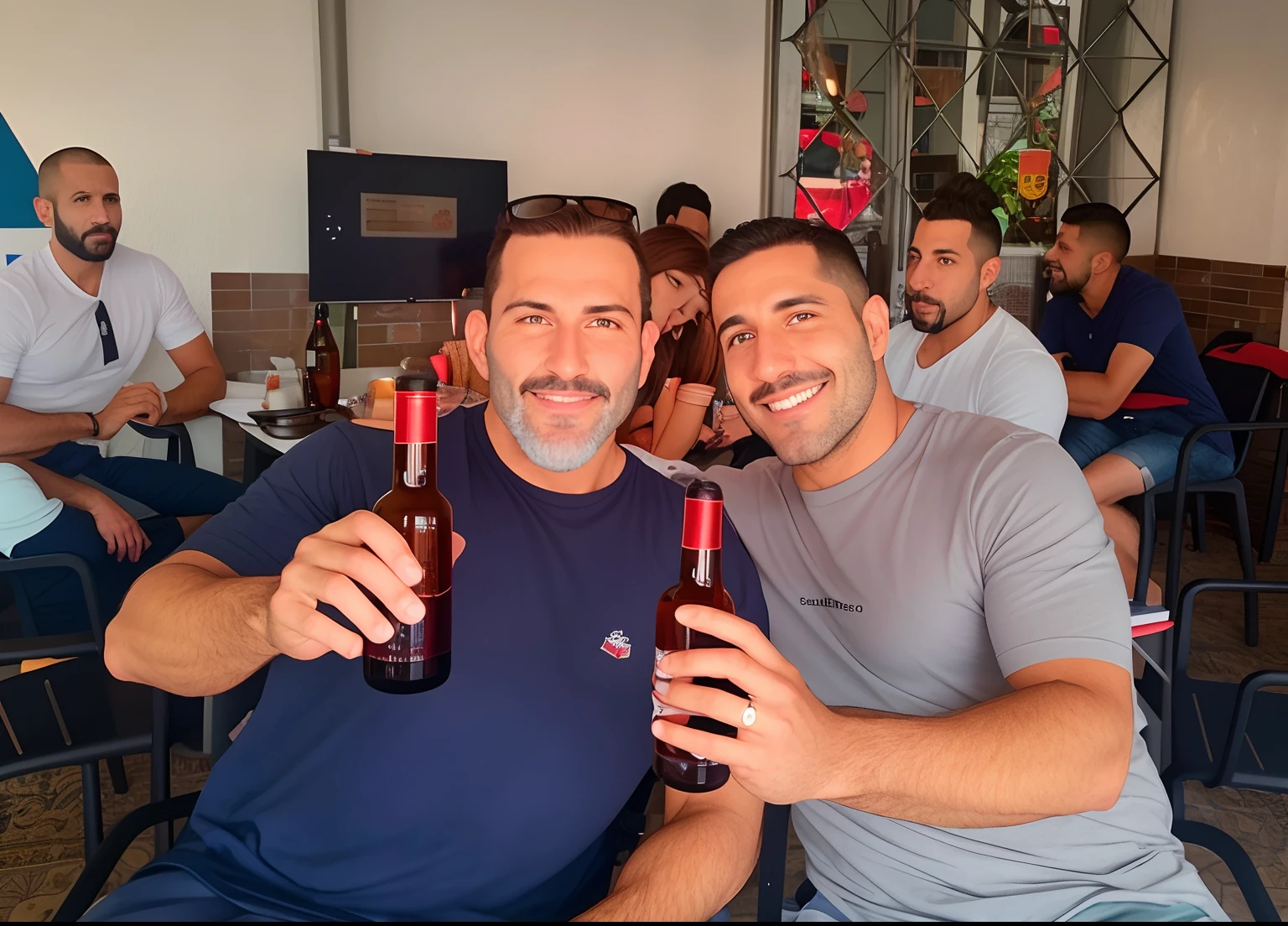 There are two men sitting at a table with beers in their hands, Homens de 45 anos, pessoas bebendo cerveja, beber uma cerveja, cerveja, segurando cerveja, beber cerveja, obrigada, 4 5 I, segurando uma cerveja!!, beber cerveja e rir, cerveja gelada, Homem de 4 0 anos, beer in hand, Petros e Leonid, segurando uma cerveja