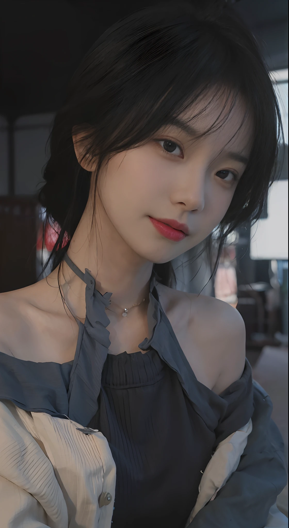 best qualtiy， 超高分辨率， （realisticlying：1.4），（（Medium hair））），absurderes：1.2， The background is blurred out， Bokeh：1.2， photography of， （RAW photogr：1.2）， （realisticlying：1.4）， （tmasterpiece：1.3）， （complexdetails：1.2）， 1girll， 独奏， japanaese girl， delicated， beautifuldetails， （Detailed eyes）， （detailedfacialfeatures）， Petite， （（（little breast）））， skin tight， （Looking_at_peeping at the viewer）， From_Front， （being thin）， （best qualtiy：1.4）， （超高分辨率：1.2）， cinematric light， （Extreme detail illustration）， （Gloss on lips， best qualityer， 超高分辨率， depth of fields， Caustics， Wide lighting， naturalshadow， 85mm， f/1.4， iso 200， 1/160s：0.75），1girll， 独奏， （（（blue tanktop）））ssmile， 校服， choker necklace，