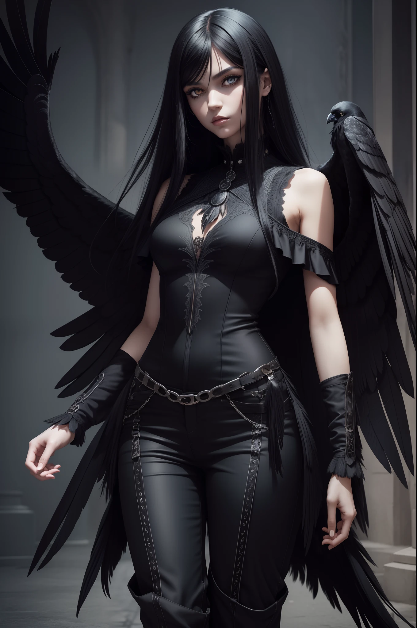 1girl, monstergirl, crow woman, full body, portrait, detailed (eyes), long (hair), perfect body, proportional body, crow|raven wings, deep look, (short dress and pants)