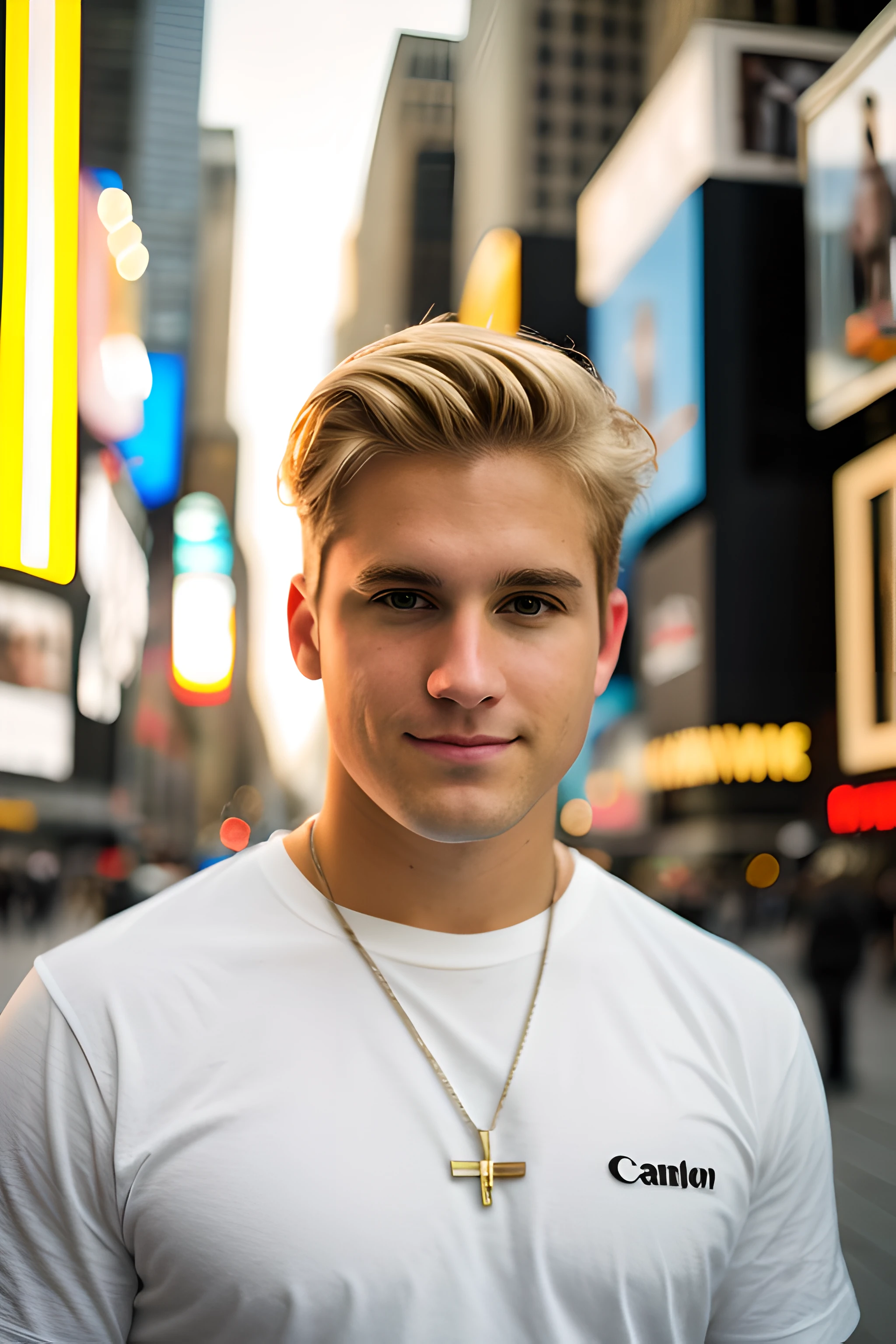 Blonde American Man with Canon EOS R3 Professional Still Camera in Hand, fazendo fotos na time square