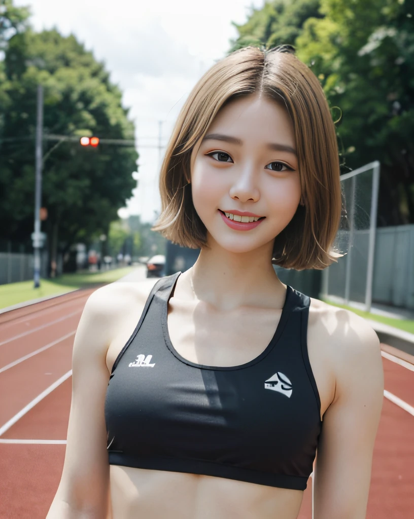 zydG, 1girls, Front view, stand, looking the viewer, exposed skin, (from below),brown-eyed, (blonde very short hair:1.2), (light hair), (medium breasts:1.4), smile with white teeth, (photorealestic:1.4), (Top image quality:1.0), (UltraHighResolution:1.0), 8K, Raw photography, (A masterpice:0.2), track and field uniforms, show abs, (sweat, wetty:1.1), portlate, facefocus, ful body,(pureerosface_v1:0.5), outdoor, track and field,
