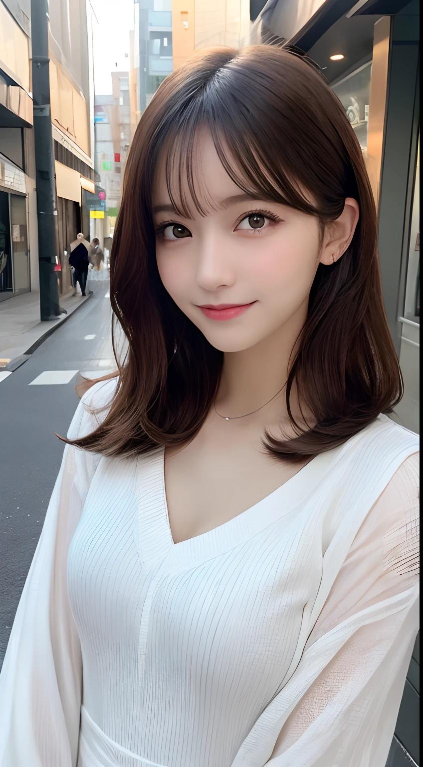 masutepiece, Best Quality, Illustration, Ultra-detailed, finely detail, hight resolution, 8K Wallpaper, Perfect dynamic composition, Beautiful detailed eyes, doress,Medium Hair, Mid-chest, Natural Color Lip, Random and sexy poses,Smile,Aoyama Street Walk