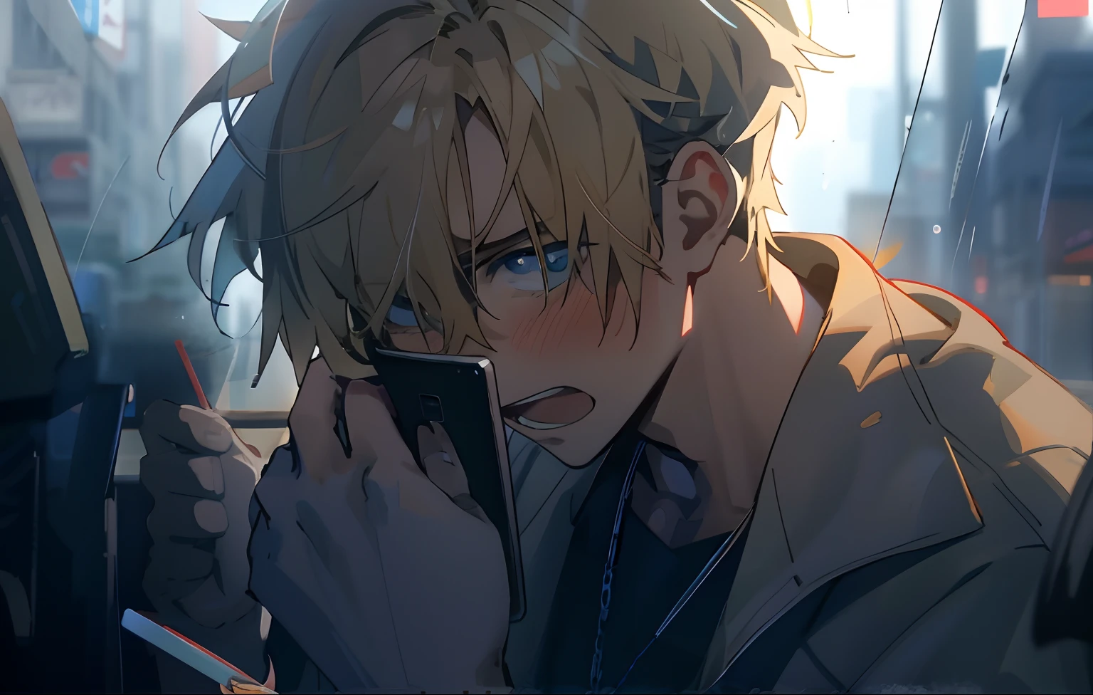 Anime man talking on cell phone with blonde hair and blue eyes, Kawasi, Guviz-style artwork, Guviz, looking at his phone, key anime visuals, Digital anime illustration, trending on artstation pixiv, Guweiz in Pixiv ArtStation, guweiz masterpiece, Anime boy, screenshot from the anime film