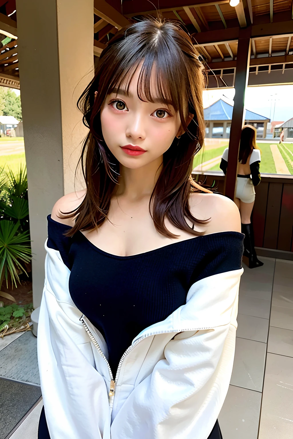 randome pose、top-quality、超A high resolution、(Photorealsitic:1.5)、1 girl、Dark blue sweater、(Brown hair:1.2)、(huge-breasted:1.2)、Morning in the city、looking at viewert、a closeup、full body Esbian、Nasty eyes
